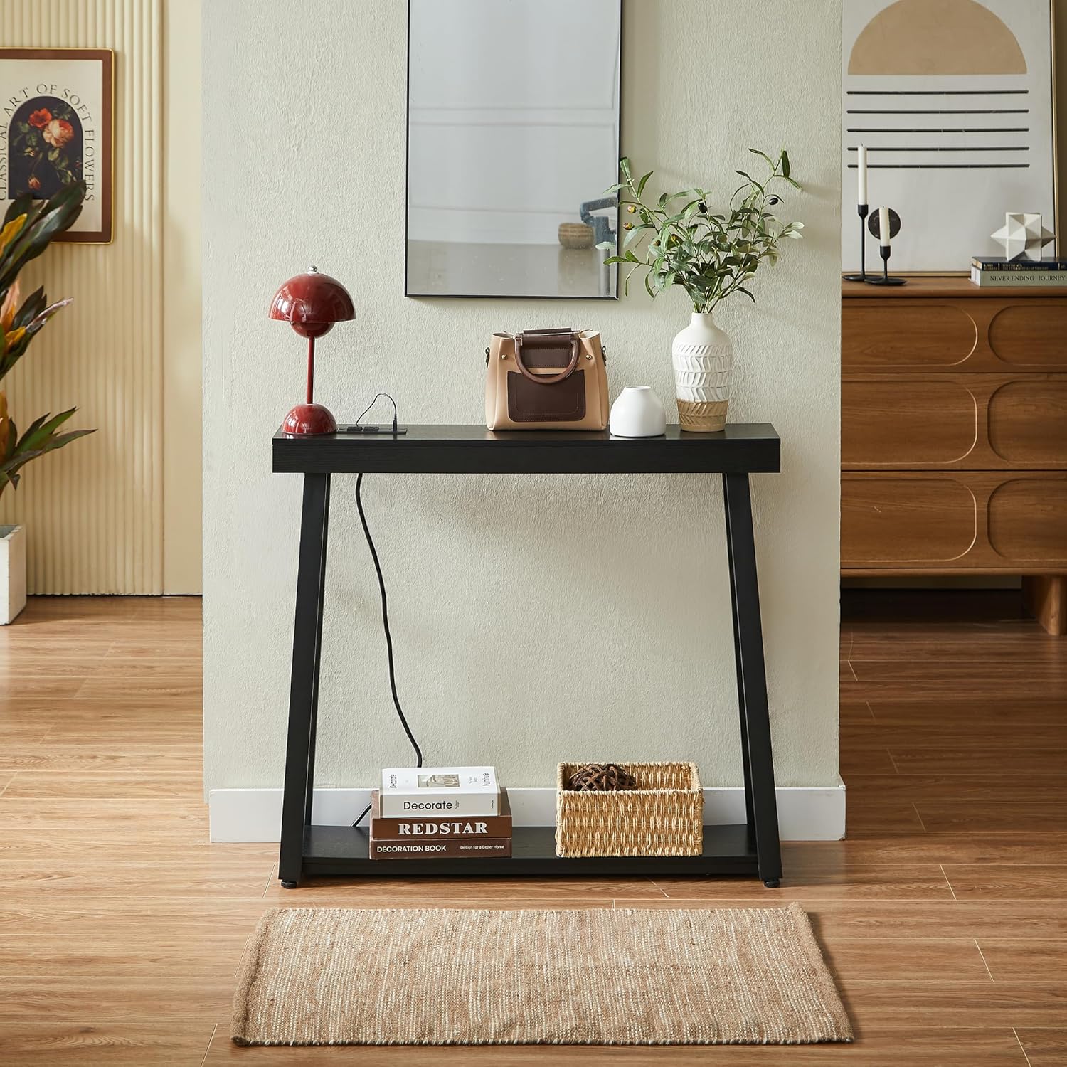 Narrow Small Entryway Console Table with Charging Station, Outlets&Ports, 36 Inch Thin High Tall Sofa Table for Entry Hallway, Living Room, Foyer, Behind Couch, Thick Metal Frame, Black