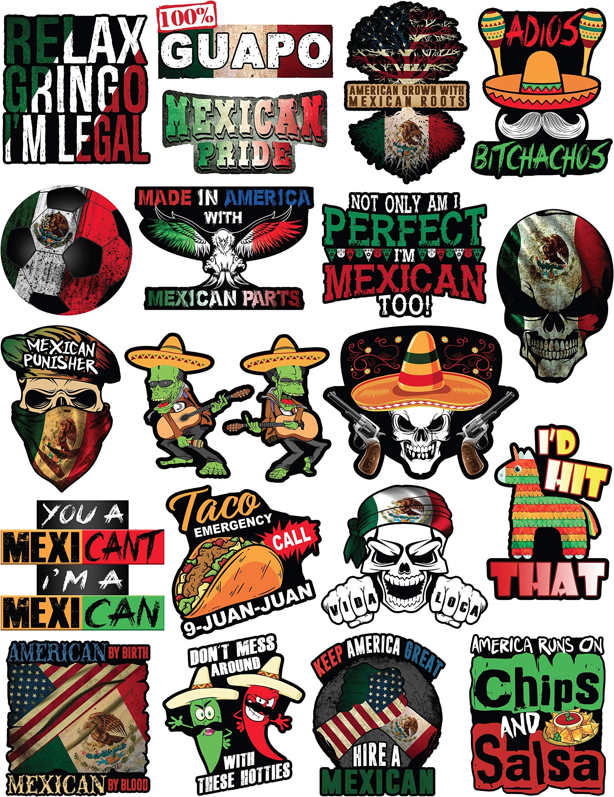 20 Mexican Stickers - Calcomanías Mexicanas – 100% Vinyl Stickers for Adults - Funny Decals for Hardhat, Construction, Laptop, Water bottle or Lunchbox. Pegatinas cascos. Calcomanias para autos