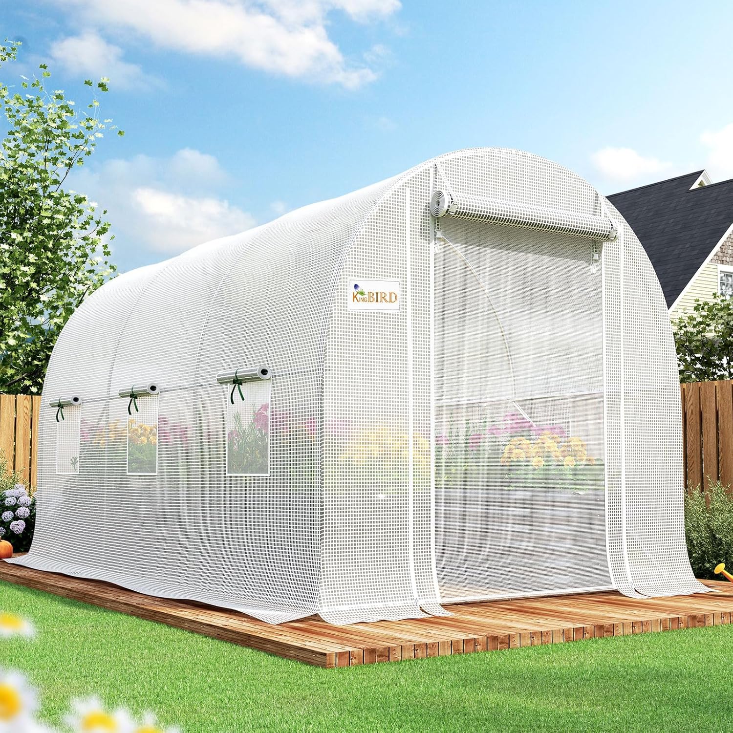 KING BIRD Premium 15x7x7FT Greenhouse for Outdoors, Walk-in Galvanized Steel Frame, Screen Mesh Door Window Plastic Cover, Upgraded Zipper Small Portable Tunnel Hoop House for Outside, White