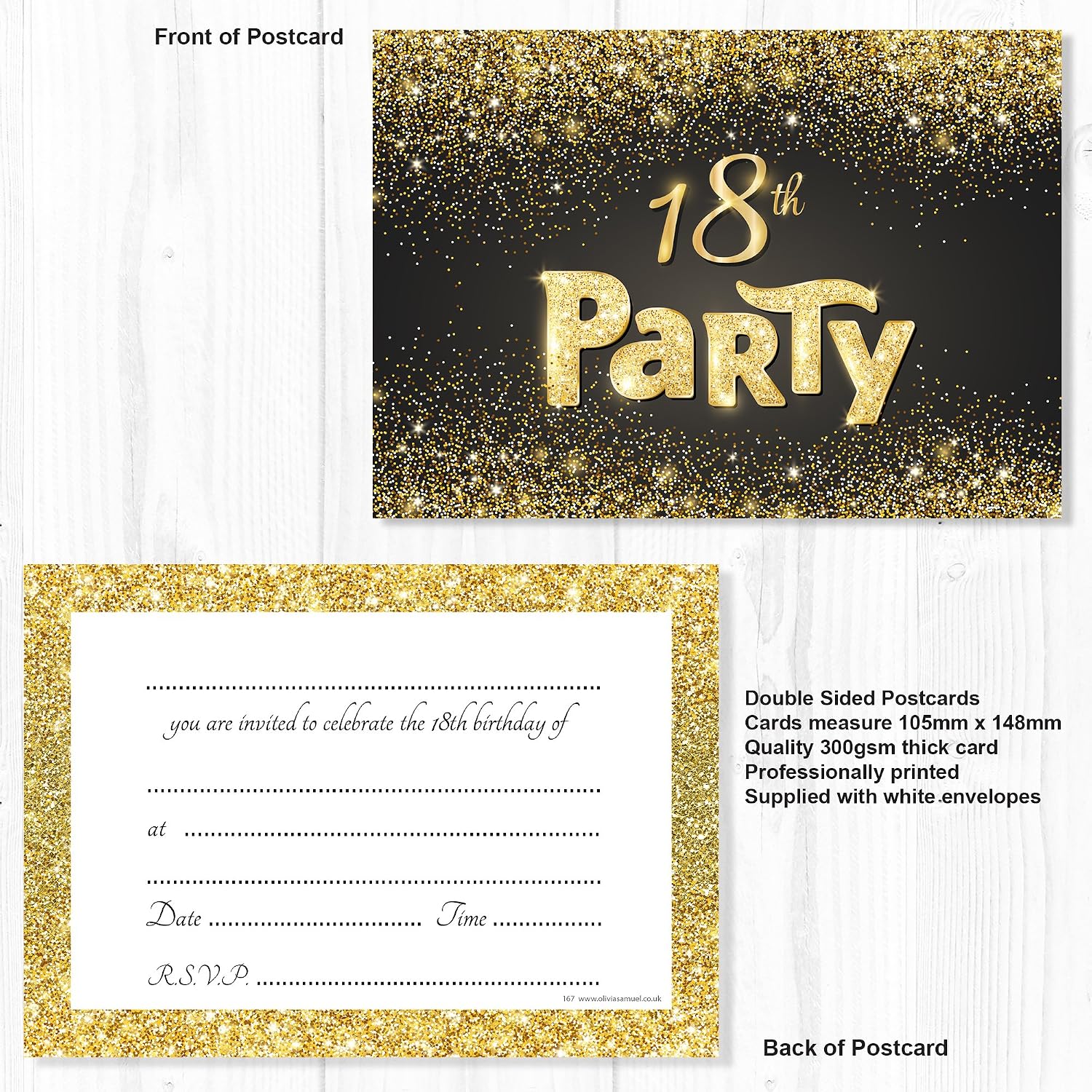 Olivia Samuel 20 x Black and Gold Effect 18th Birthday Party Invitations from Ready to Write with Envelopes - Image 3