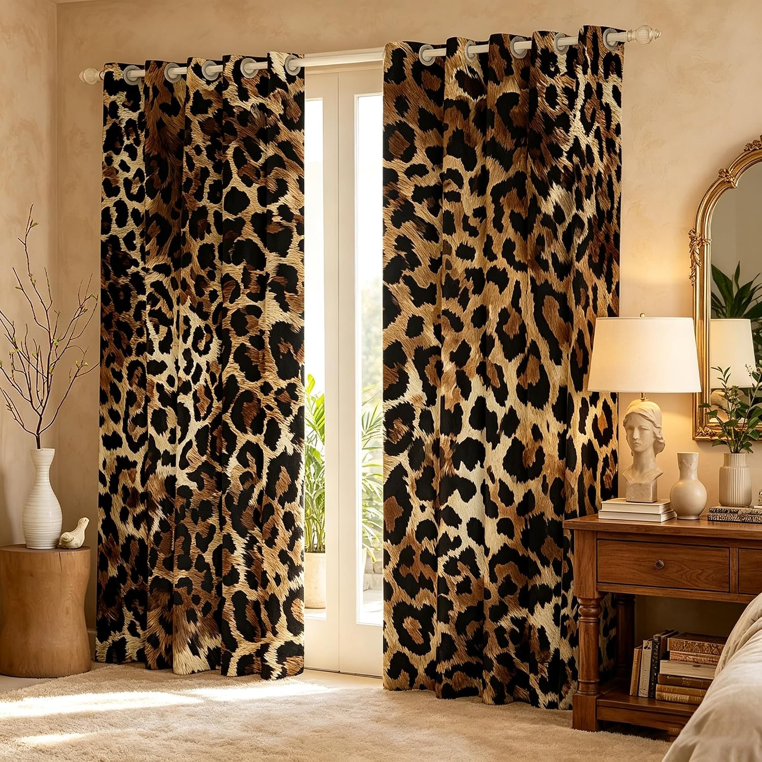 Feelyou Leopard Print Blackout Curtains Cheetah Darkening Drapes for Bedroom Living Room Decor Safari Thermal Insulated Shades Brown Window Treatments, 2 Panels 38 x 45 Inch Black image 2
