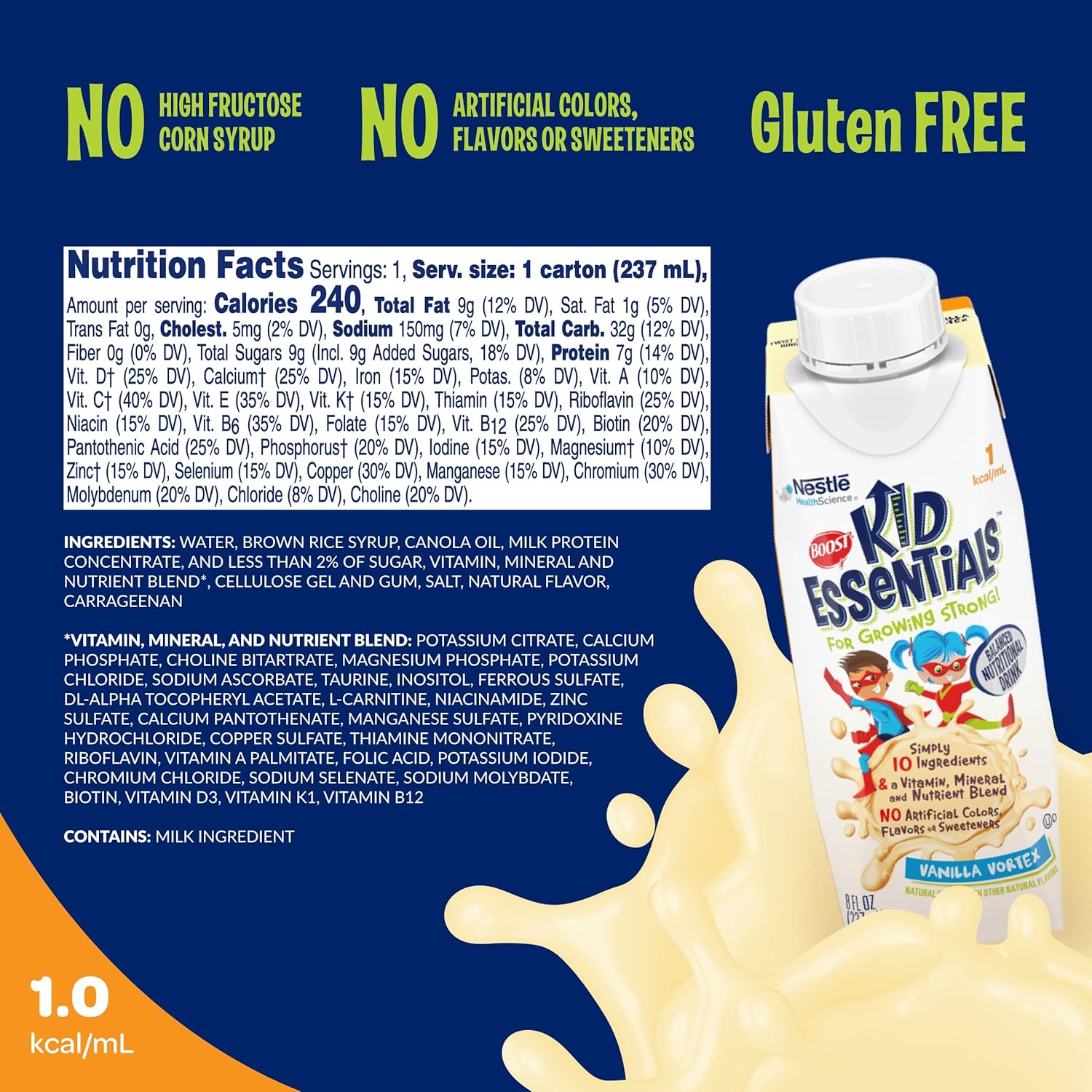 BOOST KID ESSENTIALS 1.0, Vanilla Vortex 24 x 8 fl oz carton