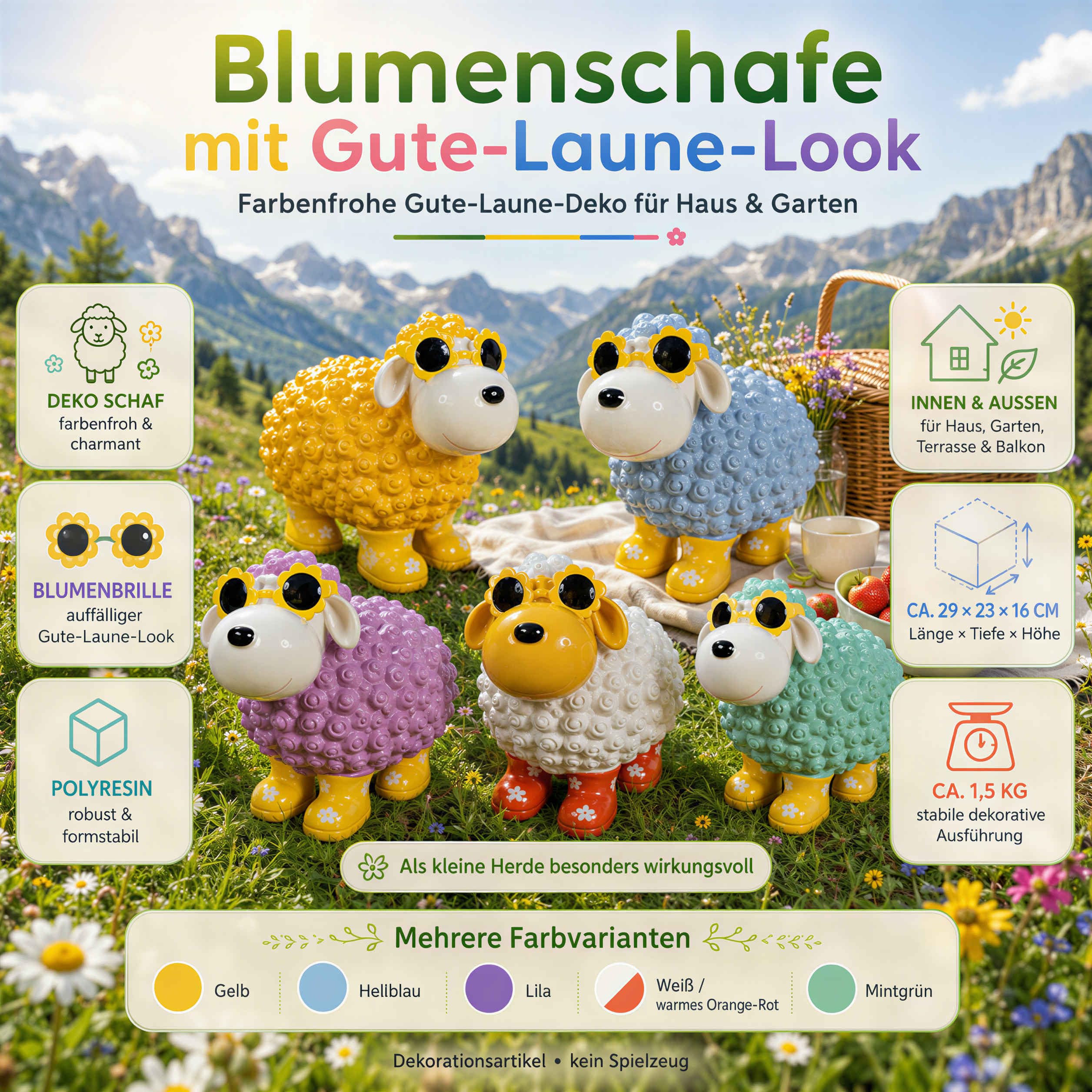 colourliving Schaf Figur mit Blumenbrille aus Polyresin lustige Gartenfigur
