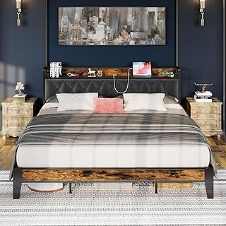 California King Bed Frames, Storage Headboard with Outlets, Easy to Install, Sturdy and Stable, No Noise, No Box Springs Needed - Perfect for a Good Night's Sleep