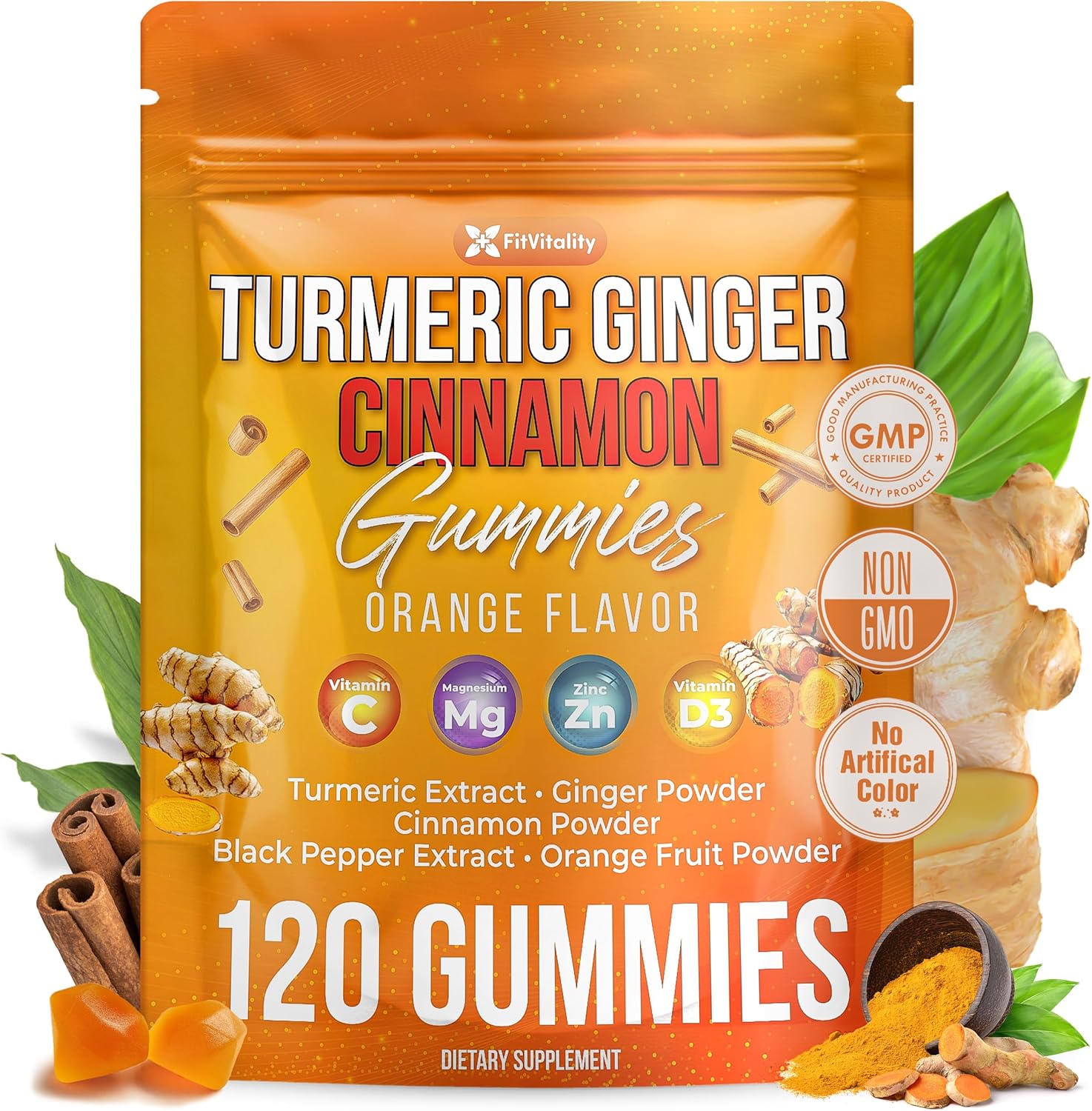 Premium 120 Turmeric Ginger Cinnamon Gummies – Vegan Gummies with Vitamin E, B12, Magnesium, Black Pepper Extract & Vitamin D3 – Orange Fruit Flavor