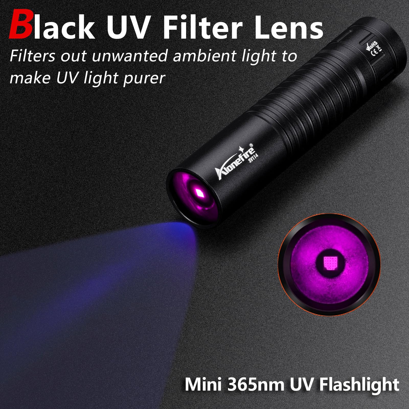 Alonefire SV114 Torcia UV LED Professionale 365nm USB C Ricaricabile Ultravioletti con Batteria