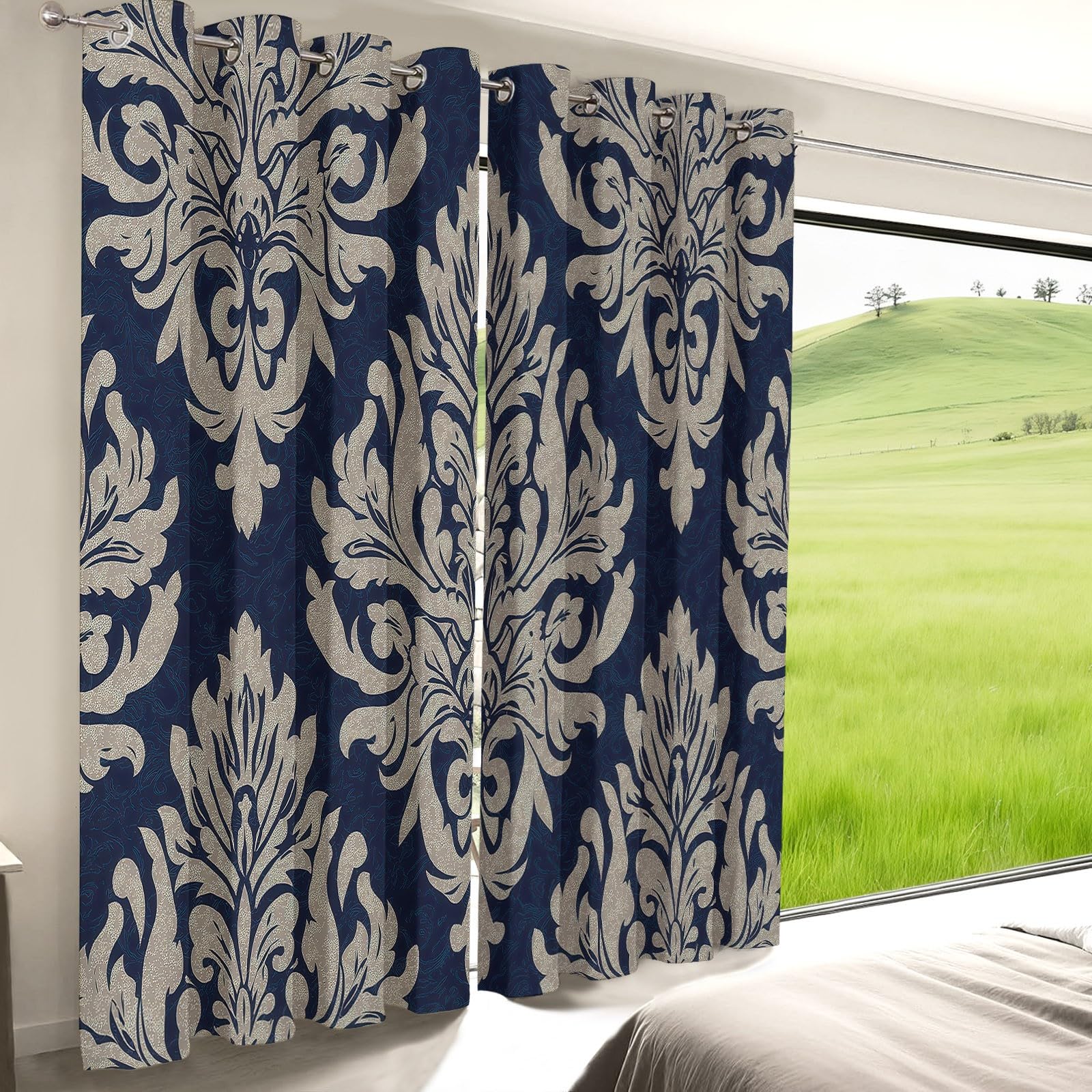 Verdunklungsvorhänge Beige-Blau Europäisch Klassisch Symmetrisch Schnörkel Blumen Vorhänge 2er Set H200 x B70 cm, Hitzeschutz Blickschutz Thermovorhang Ösen für Wohnzimmer Schlafzimmer Kinderzimmer
