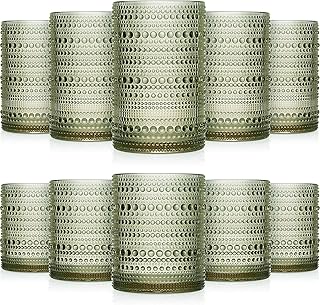 Foaincore 12 Count Hobnail Drinking Glasses Set Vintage Glassware Old Fashioned Beverage Glasses Bubble Cocktail 14 oz, Rocks Glass Cup 11 oz Water Elegant (Green)