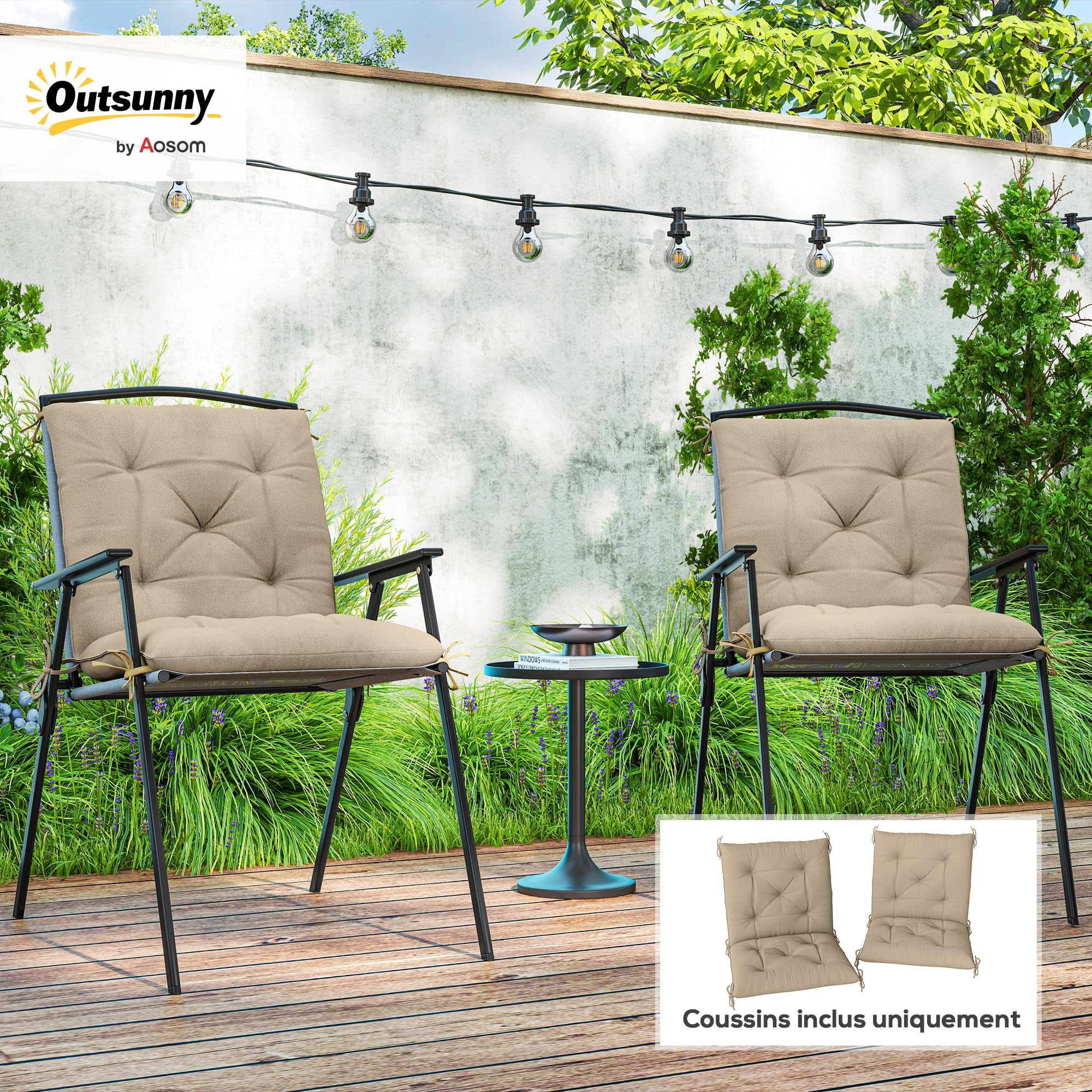 Outsunny Lot de 2 Coussins de Chaise d'extérieur, Galette de Chaise avec Attaches, Coussins de Jardin pour terrasse ou Balcon, 98 x 50 x 8 cm, Beige