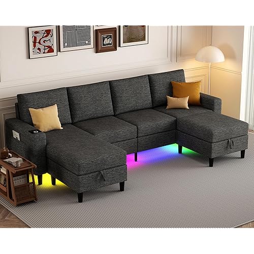 Sectional Couches for Living Room, 4 Seat Sectional Sofa with Smart Module-Wireless Charging/USB/Type-C/RGB Light, U Shaped Couch with Reversible Chaise Lounge/Storage Ottoman (Dark Grey)