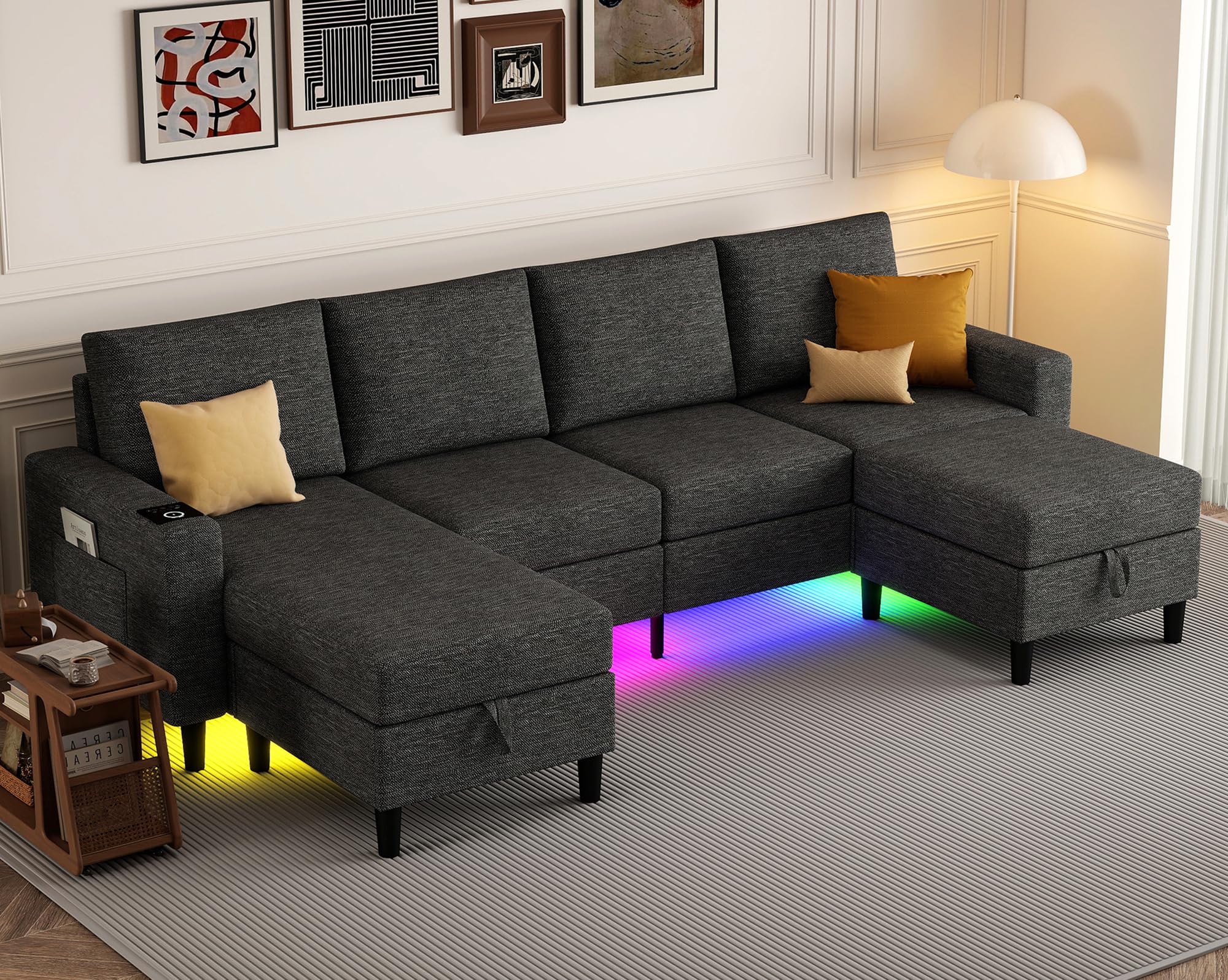 Sectional Couches for Living Room, 4 Seat Sectional Sofa with Smart Module-Wireless Charging/USB/Type-C/RGB Light, U Shaped Couch with Reversible Chaise Lounge/Storage Ottoman (Dark Grey)