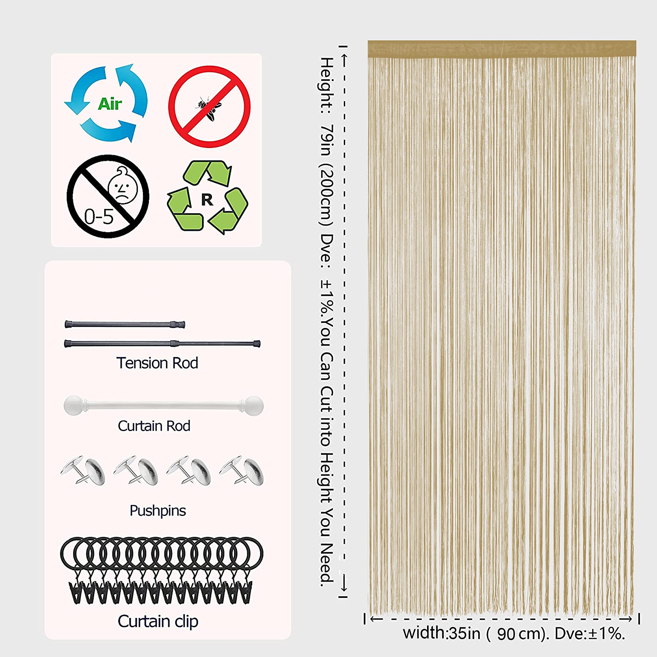 HSYLYM String Tenda per porte Decorazioni per finestre Divisorio Decorazioni per stanze Tenda singola per finestra 90x200cm Ecru profondo