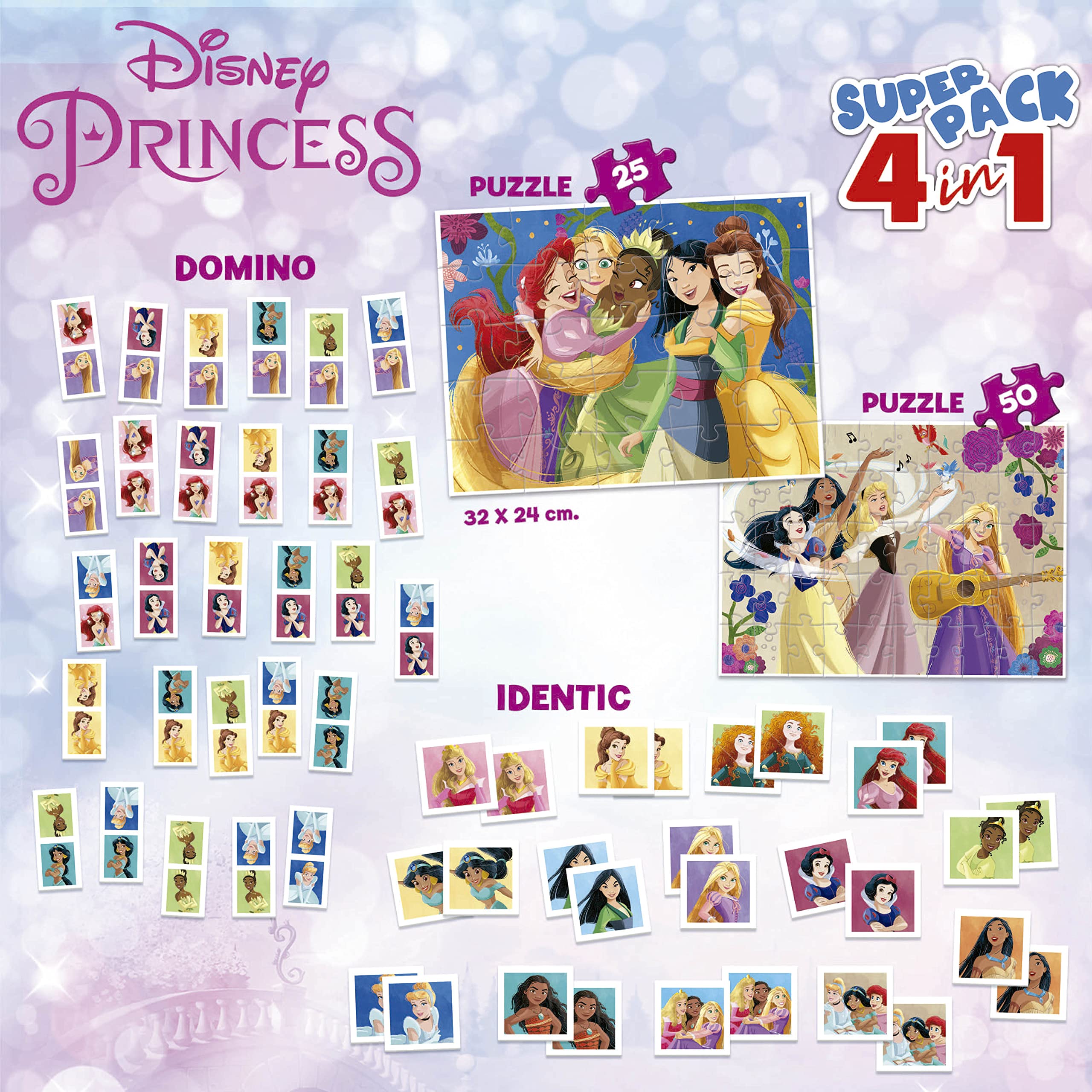 Educa - Superpack 4 w 1 Disney Princess | Gry planszowe dla dzieci: Domino, identyczne z 28 kartami i 2 zagadkami po 25 i 50 sztuk. Wiele możliwości gry. 19683 lat (3 lat)