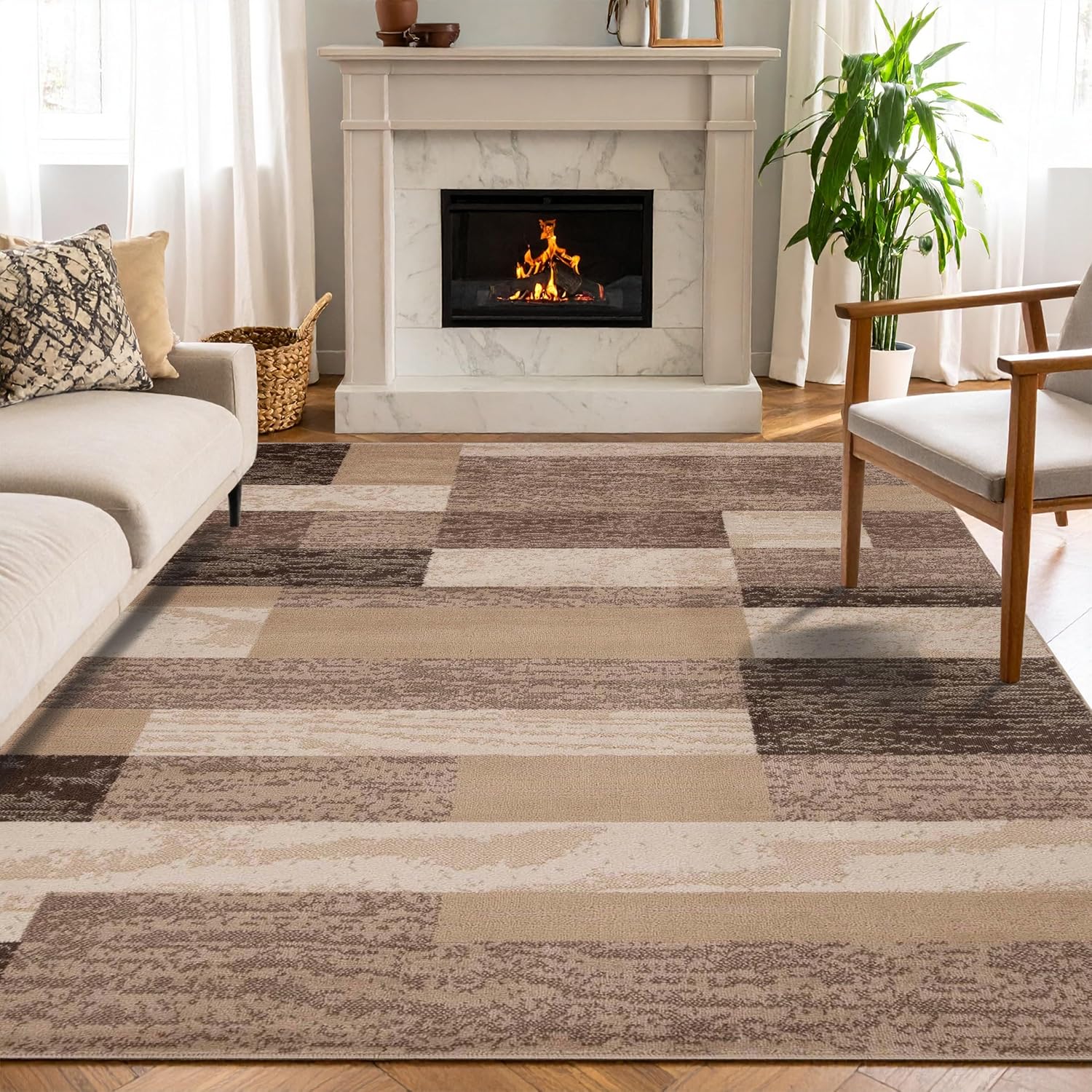 Superior Indoor Area Rug, Jute Backed, Modern Geometric Patchwork Floor Decor for Bedroom, Office, Living Room, Entryway, Hardwood Floors, Rockwood Collection, 7' x 9', Beige