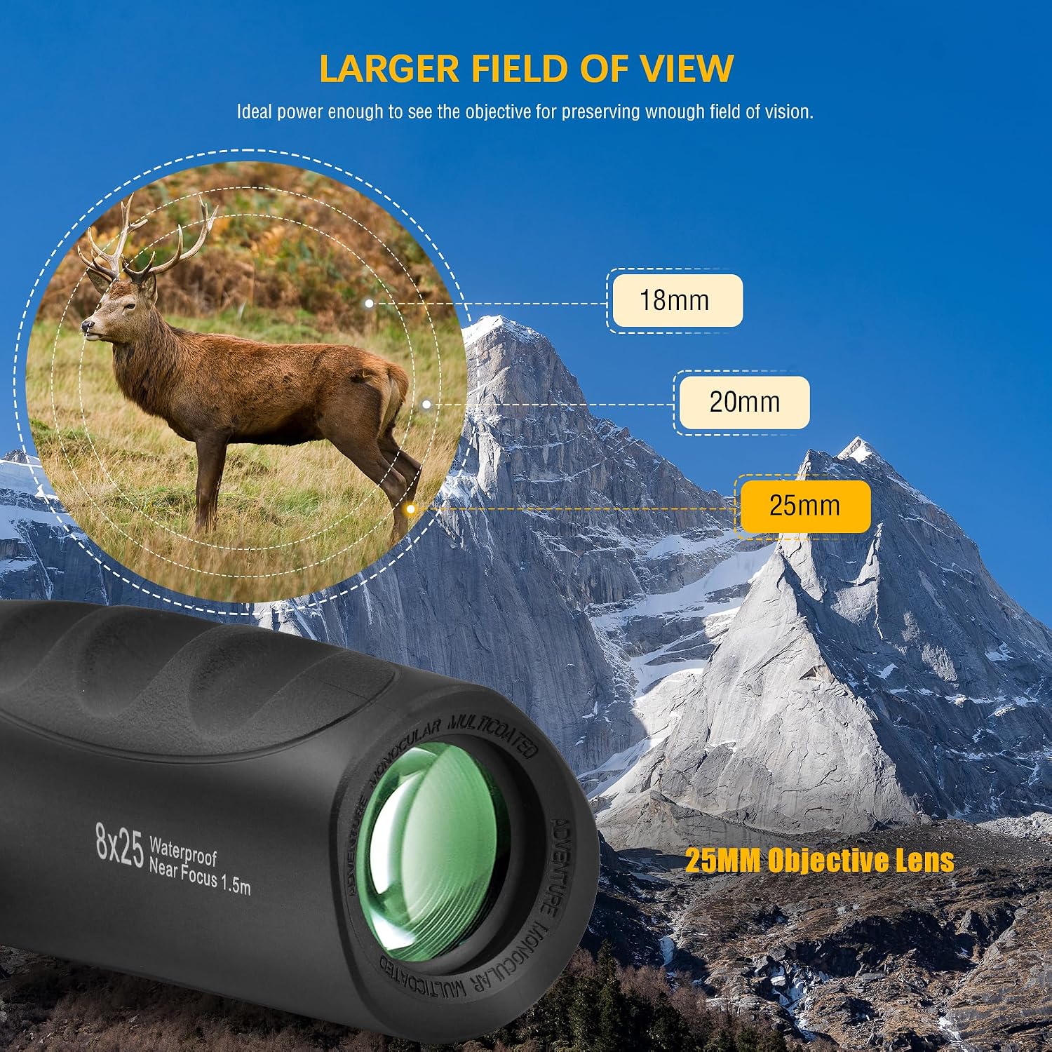 8x25 Waterproof Compact Monocular - High Definition Wide View Telescope Monoculars - Comes with Cleaning Cloth, Case & Neck Strap, Black