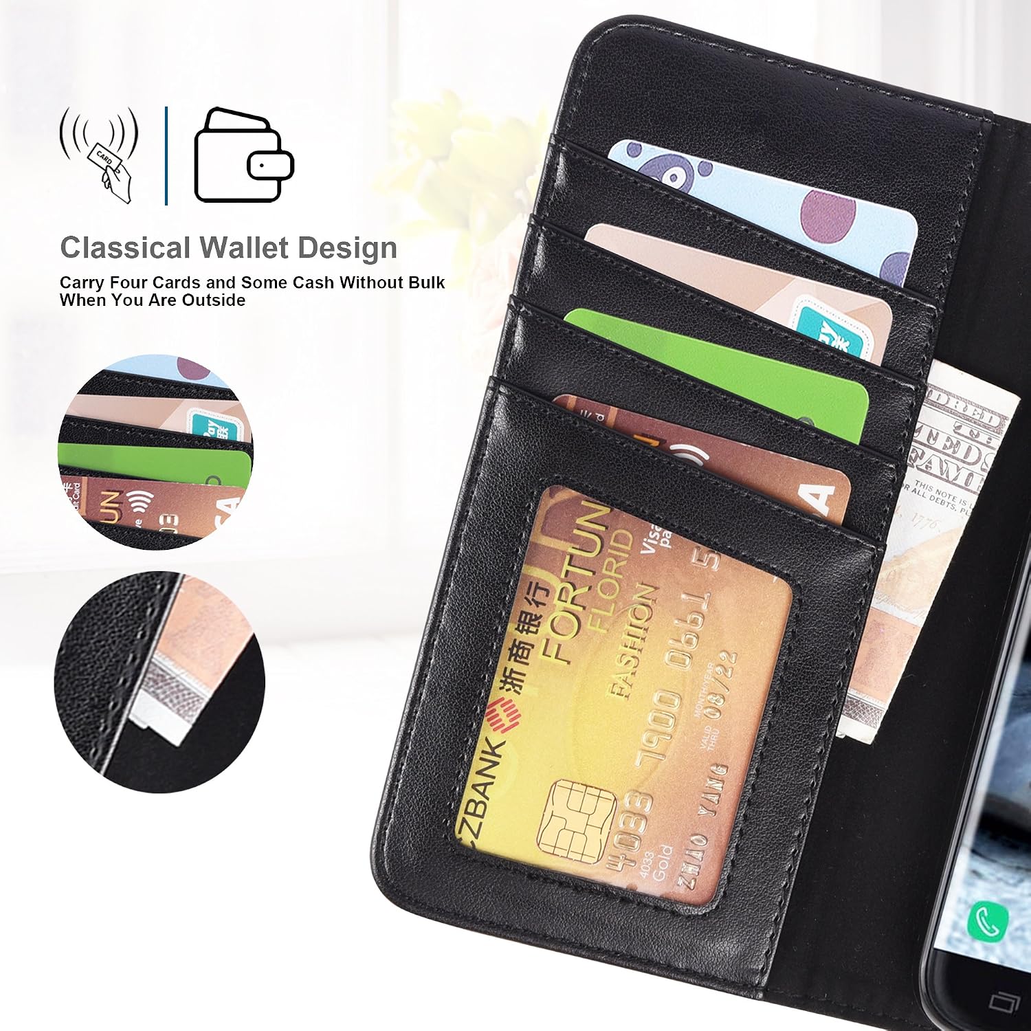 Arae Case Compatible for Samsung Galaxy J7 2018/Galaxy J7 Aero/J7 Aura/J7 Top/J7 Refine/J7 Eon/J7 Star, [Stand Feature] PU leather wallet with wrist strap and [4-slots] ID&Credit Cards Pockets - BLACK