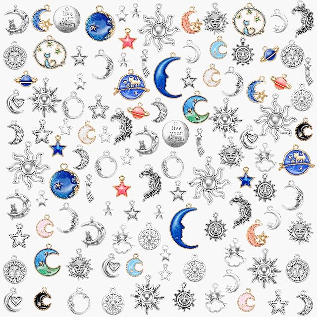 Meetory 114 Pcs Jewelry Charms Assorted Gold Plated Enamel Cat Moon Star Celestial Charm Pendant DIY for Earrings Necklace Bracelet Jewelry Making and Crafting