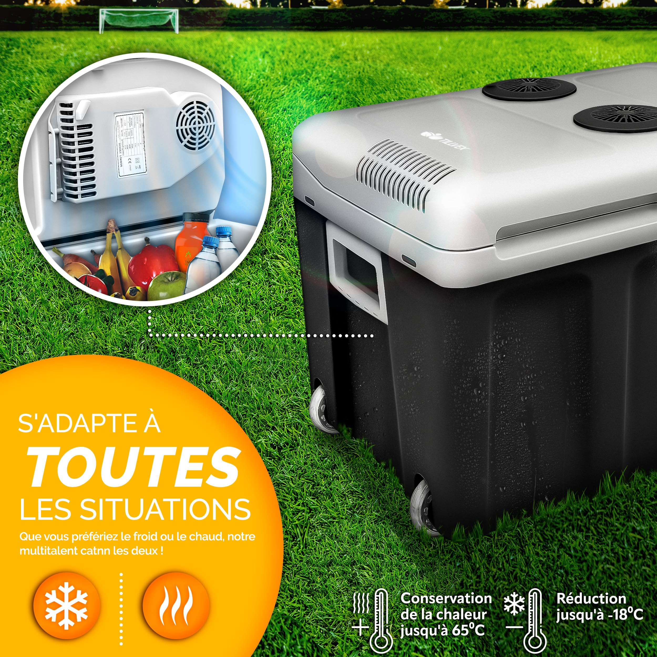 tillvex Glacière électrique 40 l avec roulettes | Mini réfrigérateur 230 V et 12 V pour Voiture, Voiture, Camping, Refroidissement et Chaleur | Mode ECO