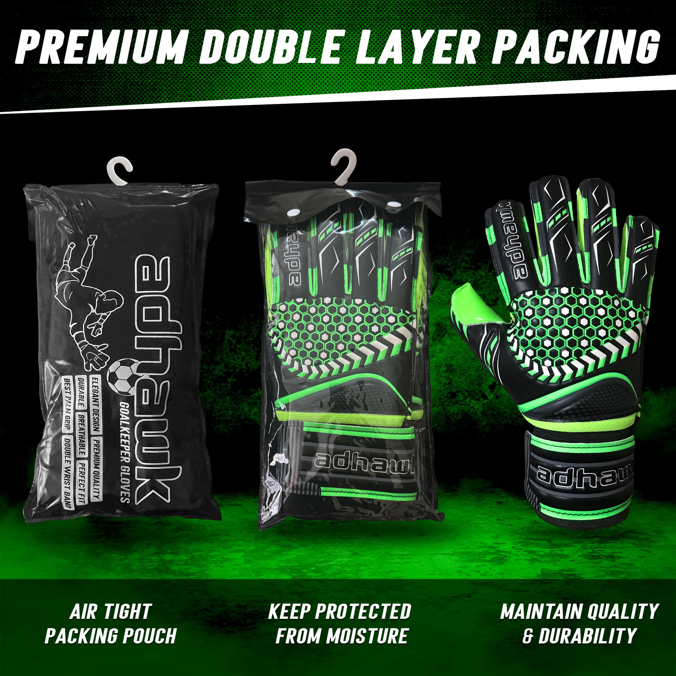 Adhawk Goalkeeper Gloves, Premium Quality Latex Palm with Finger Spine Protection & Double Layer Wristband - Image 6