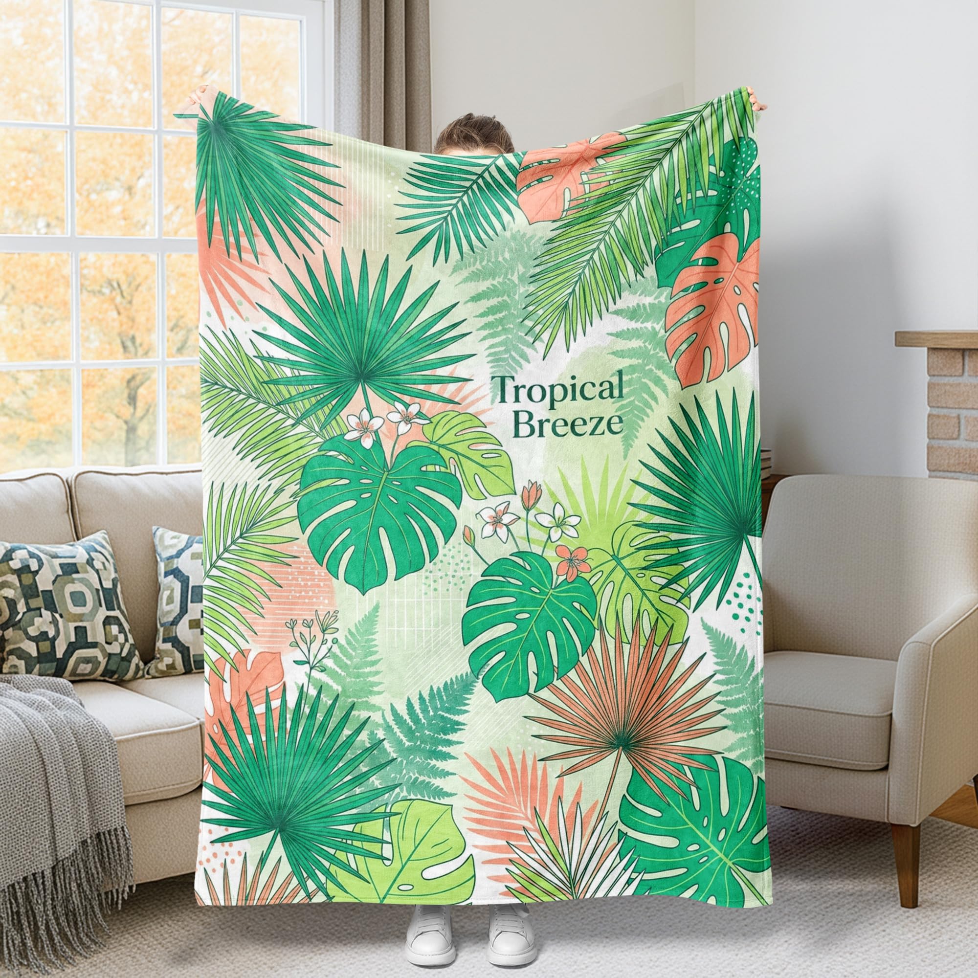 Couverture lit et canapé feuilles de palmier 152x203 cm plaid vert dortoir voiture