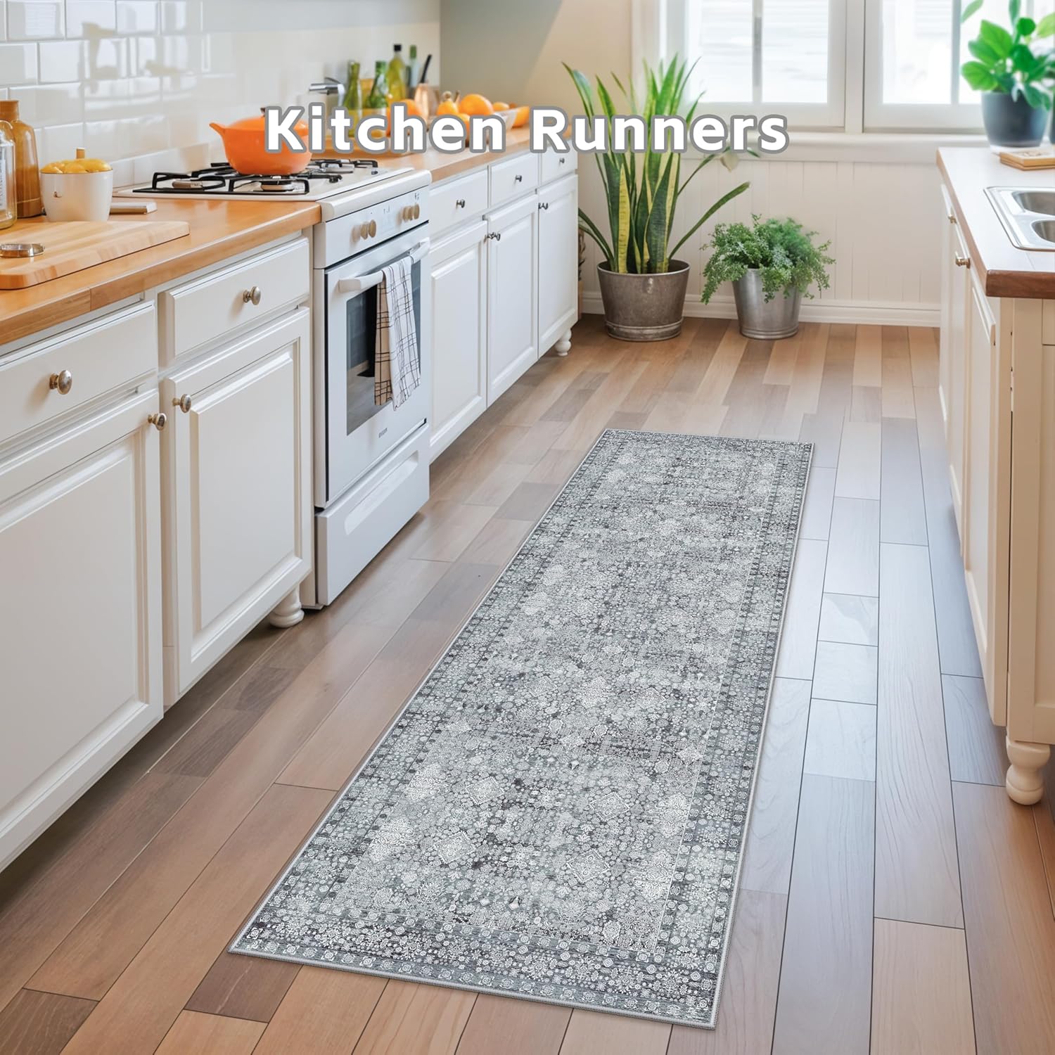 Washable Runner Rug for Hallways Kitchen Rugs 2x6 Grey - Non-Slip Stain and Spill Resistant Mat for Laundry Room Bathroom Soft Vintage Farmhouse Runners for Entryway Bedroom Dining Room