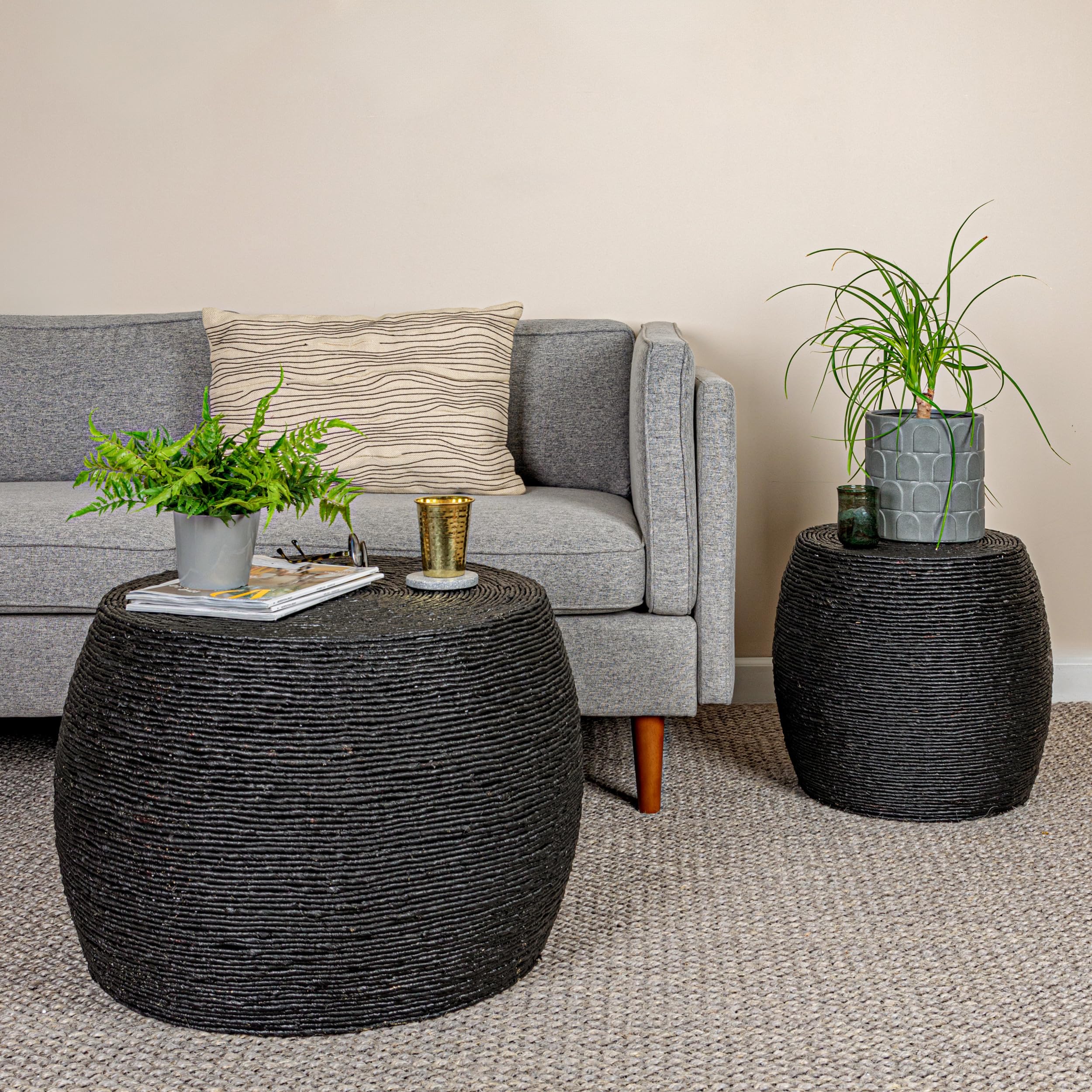 Creative Co-Op Round Handwoven Corn Rope Barrel Side Table, Black