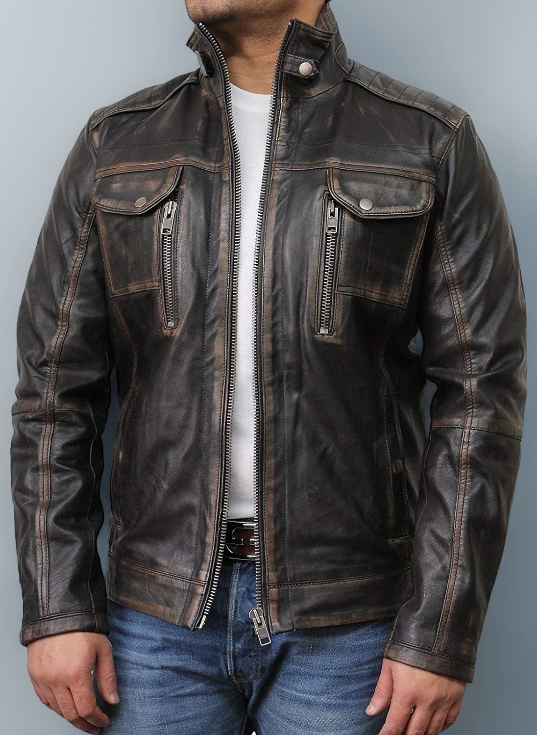 BRANDSLOCK Mens Distressed Genuine Leather Biker Jacket Vintage