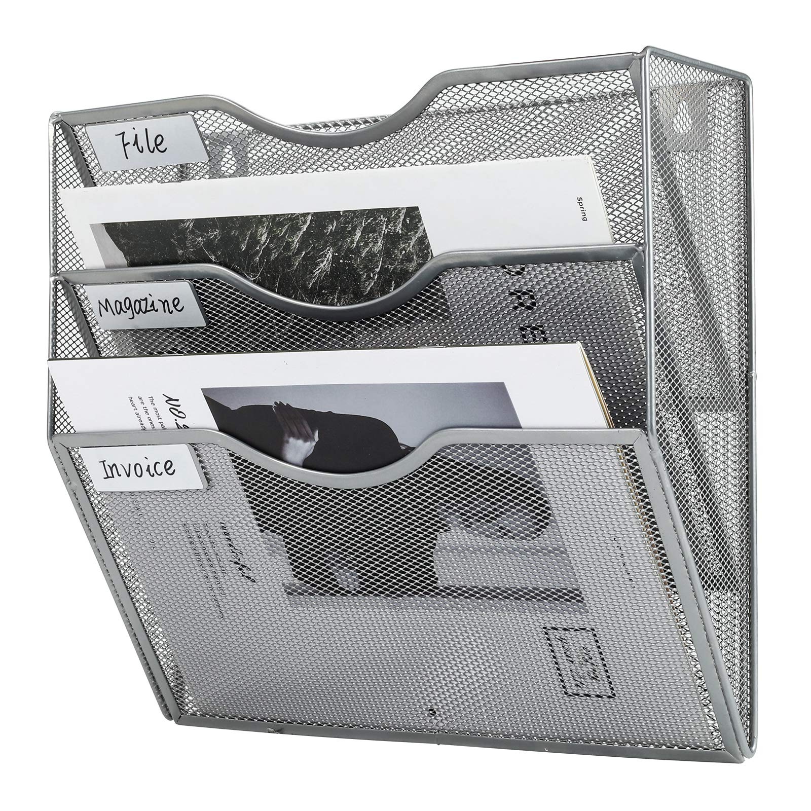 PAG 3-Tier Hanging Wall File Holder Mail Organizer Wall Magazine File Letter Rack,Mesh Metal A4 Wall Mounted Document Holder Paper Storage - Image 2