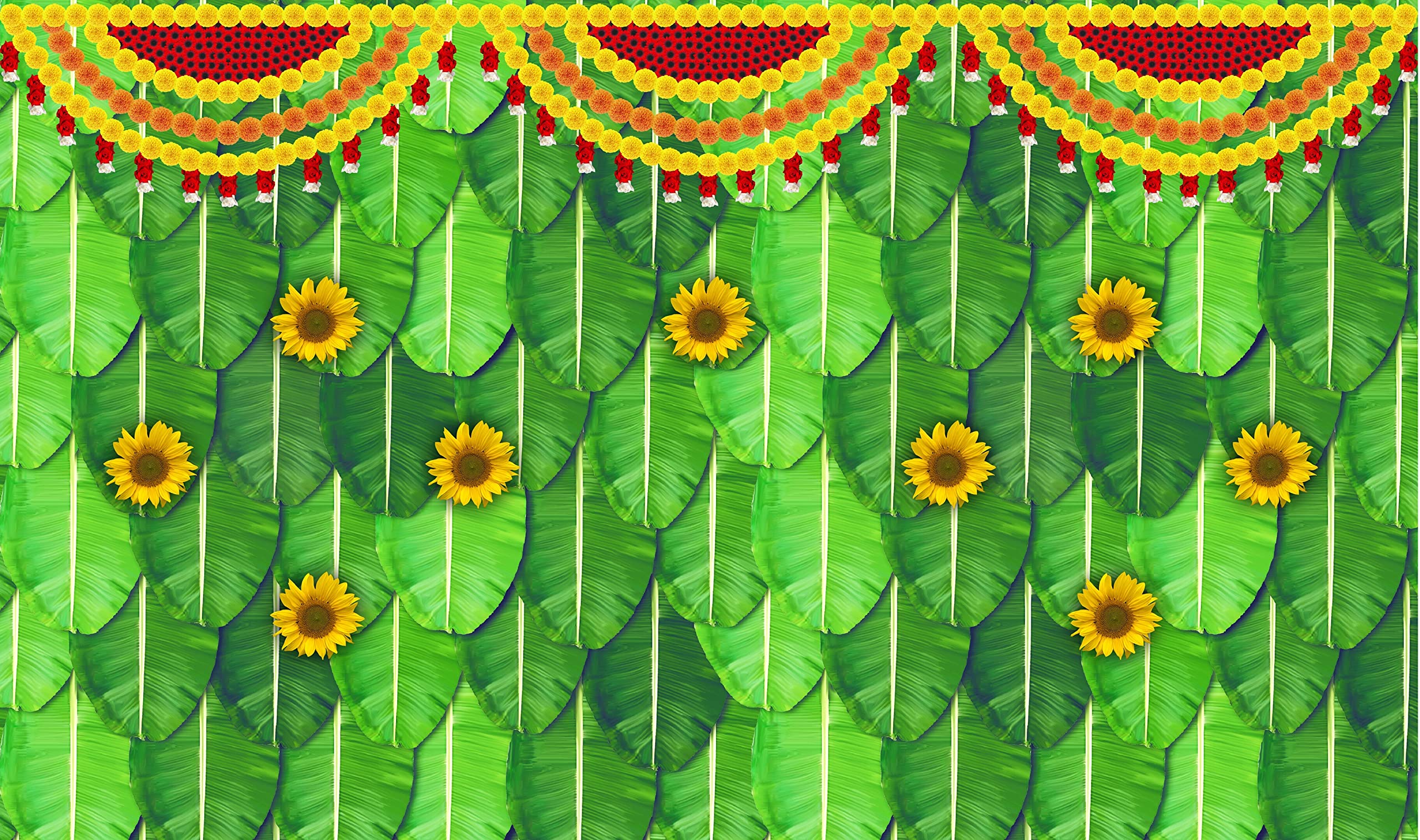 Banana Leaf with Marigold Flower Decoration Backdrop Cloth for Pooja Decoration Background Curtain Cloth Fabric-Polyester Taiwan Fabric Size 3 Feet Height and 5 Feet Width(3 * 5)-image-7