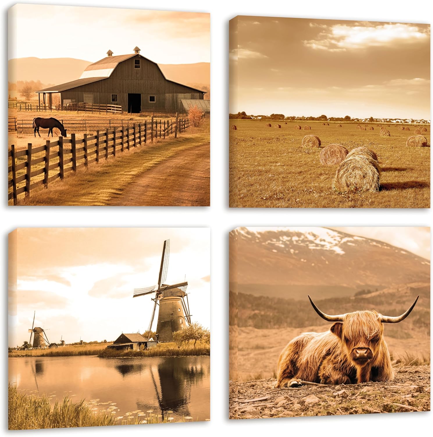 Farmhouse Wall Art Rustic Decor Barn Windmill Cornfield Cow Pictures 12x12 Canvas Wall Art 4 Pack - Countryside Rural Landscape Painting Canvas Artwork Stretched and Framed Ready to Hang Home Decor