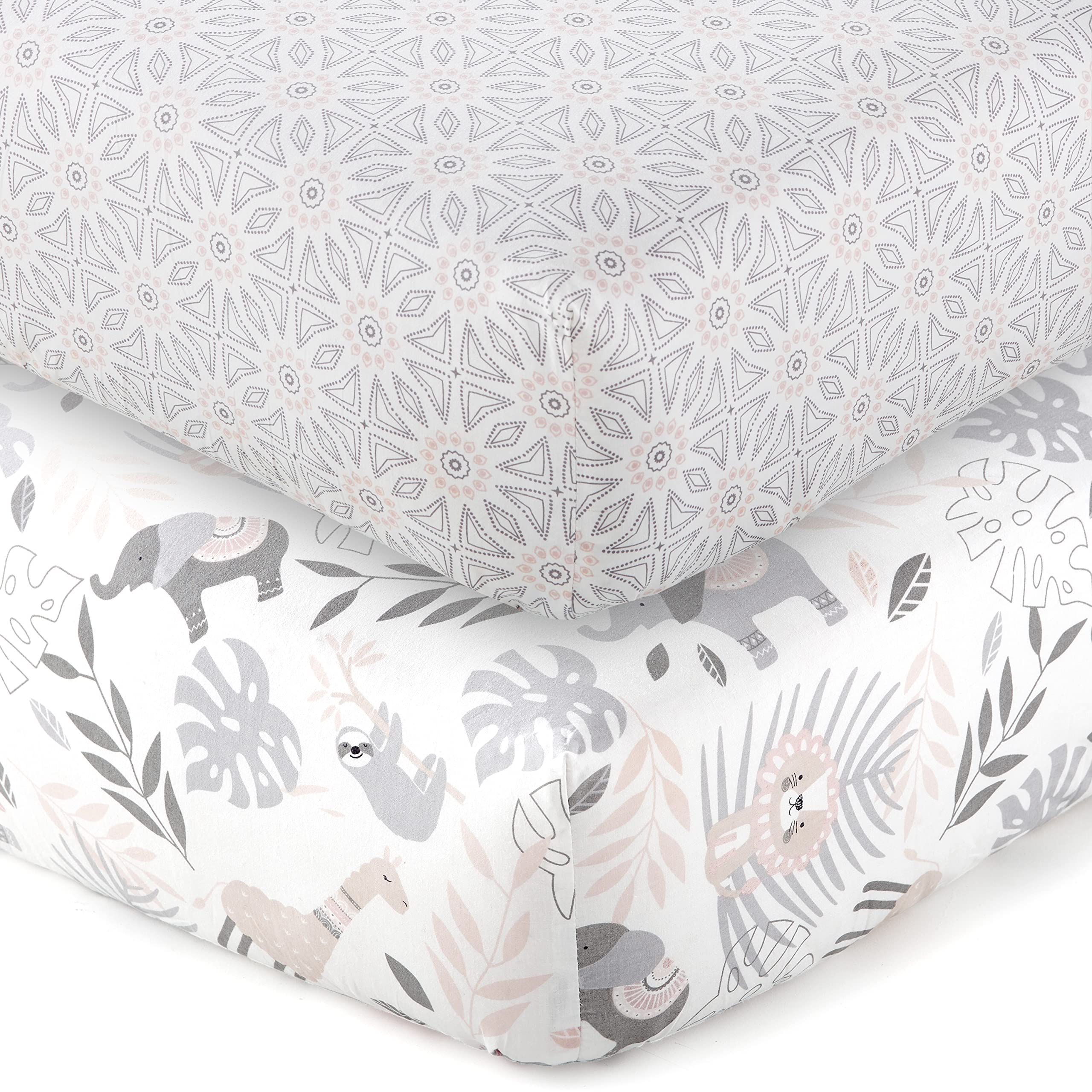 Levtex Baby - Imani Crib Fitted Sheet Set of 2 - Fits Standard Crib and Toddler Mattress - Tossed Animals/Medallions - Pink, Grey, Taupe, White - Nursery Accessories - 100% Cotton
