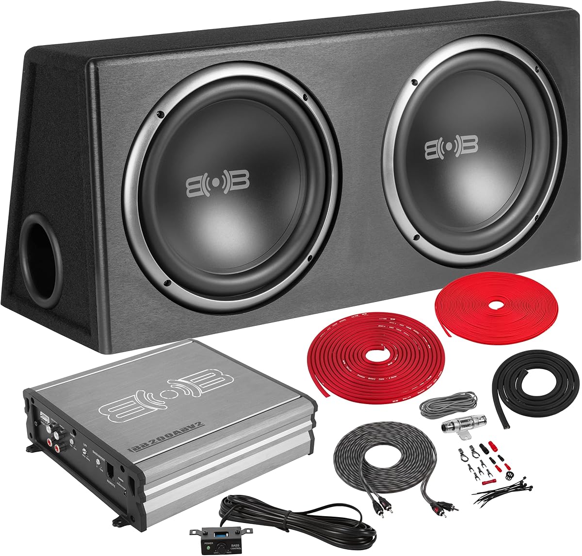 BELVA BPKG212v2 1200W Dual 12" Car Subwoofer with Ported Enclosure, Monoblock Amplifier, Wiring Kit and Remote Bass Knob