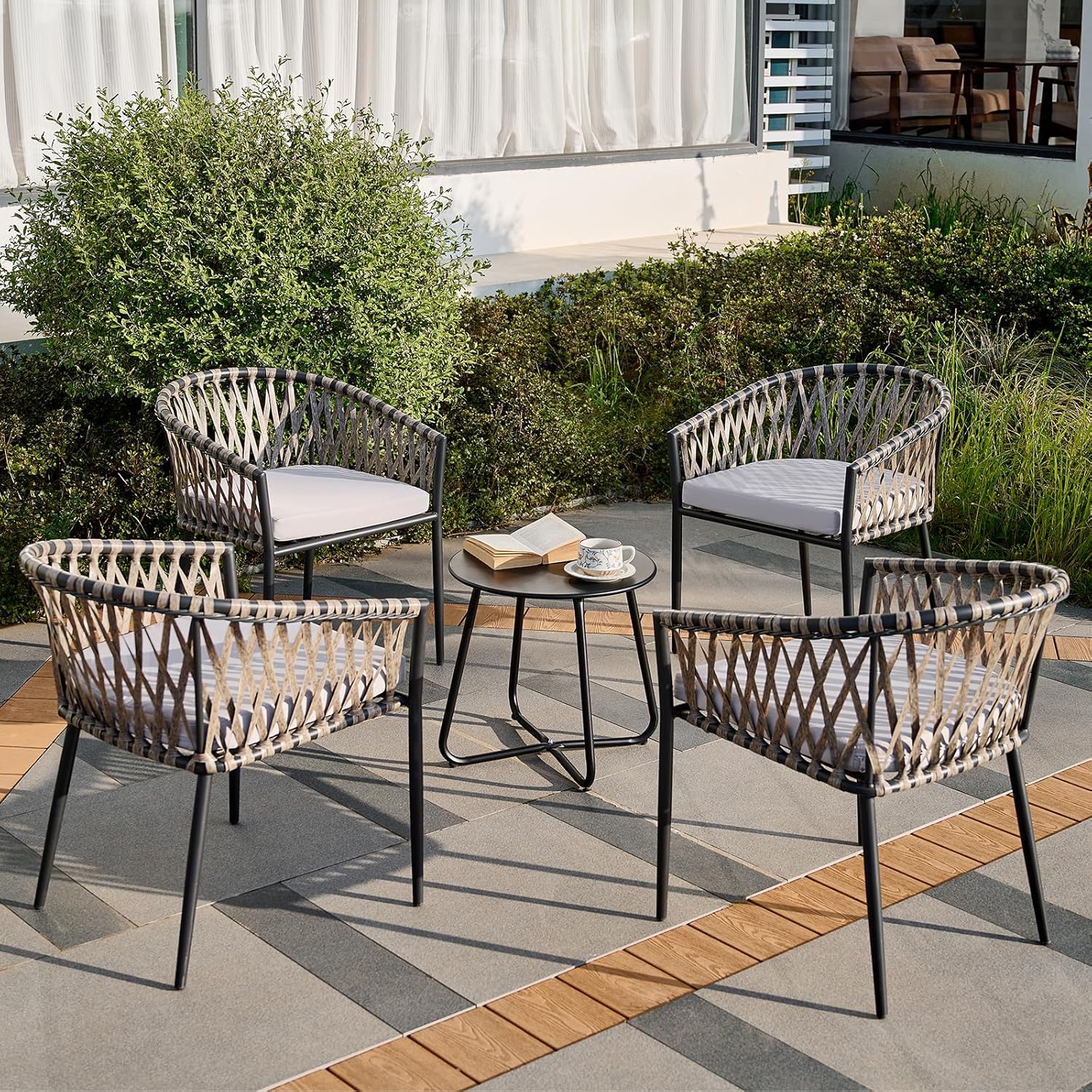 Patio Dining Chairs Set of 4, Outdoor Rattan Wicker Chair with Armrest and Cushions, All-Weather Bistro Chairs with Curved Back for Garden, Backyard, Porch, Poolside, Deck, Gray
