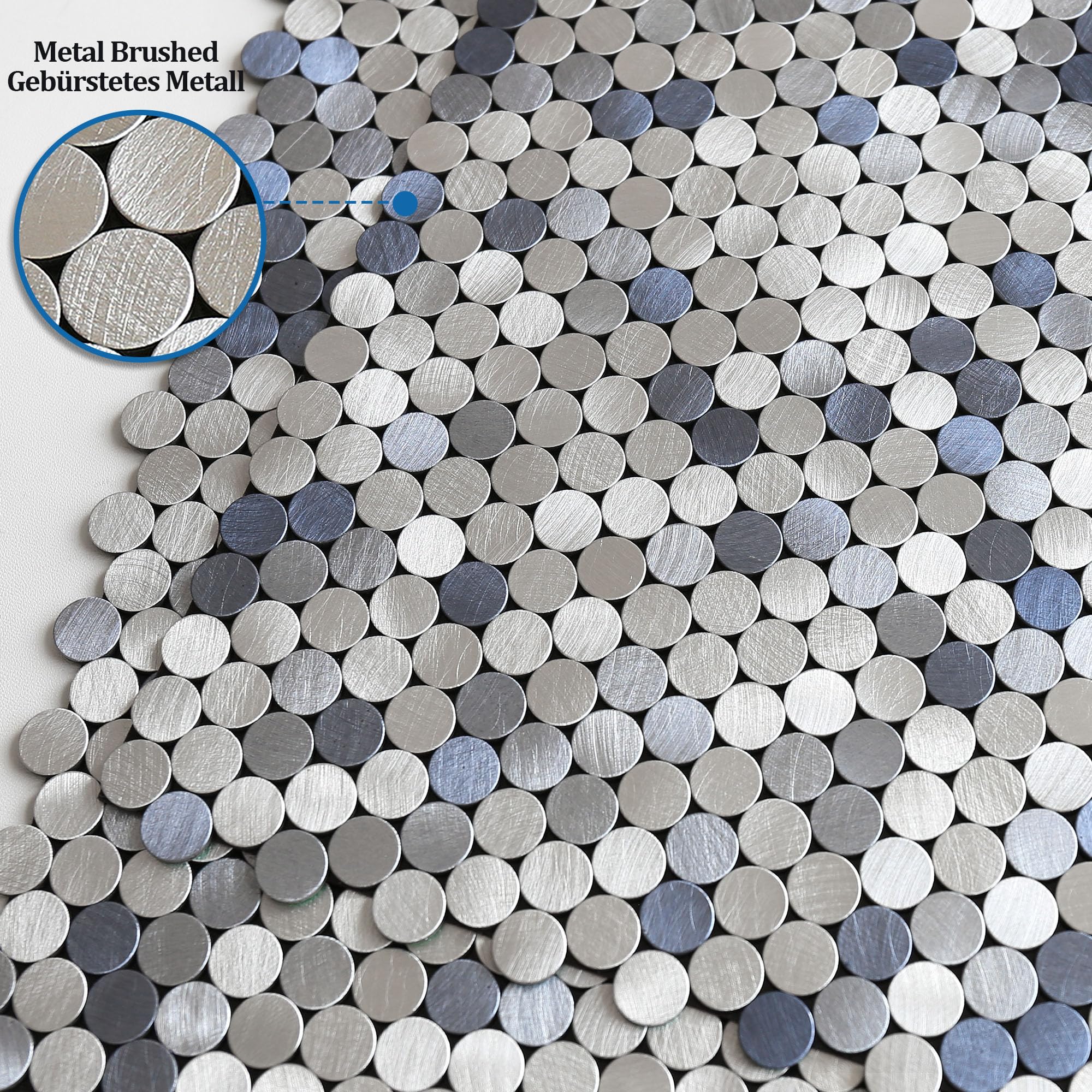 Petits carreaux ronds Penny autocollants pour dosseret de cuisine, autocollants de carreaux en mosaïque métallique pour mur de cuisine, derrière la cuisinière, cheminée (10 feuilles, bleu)