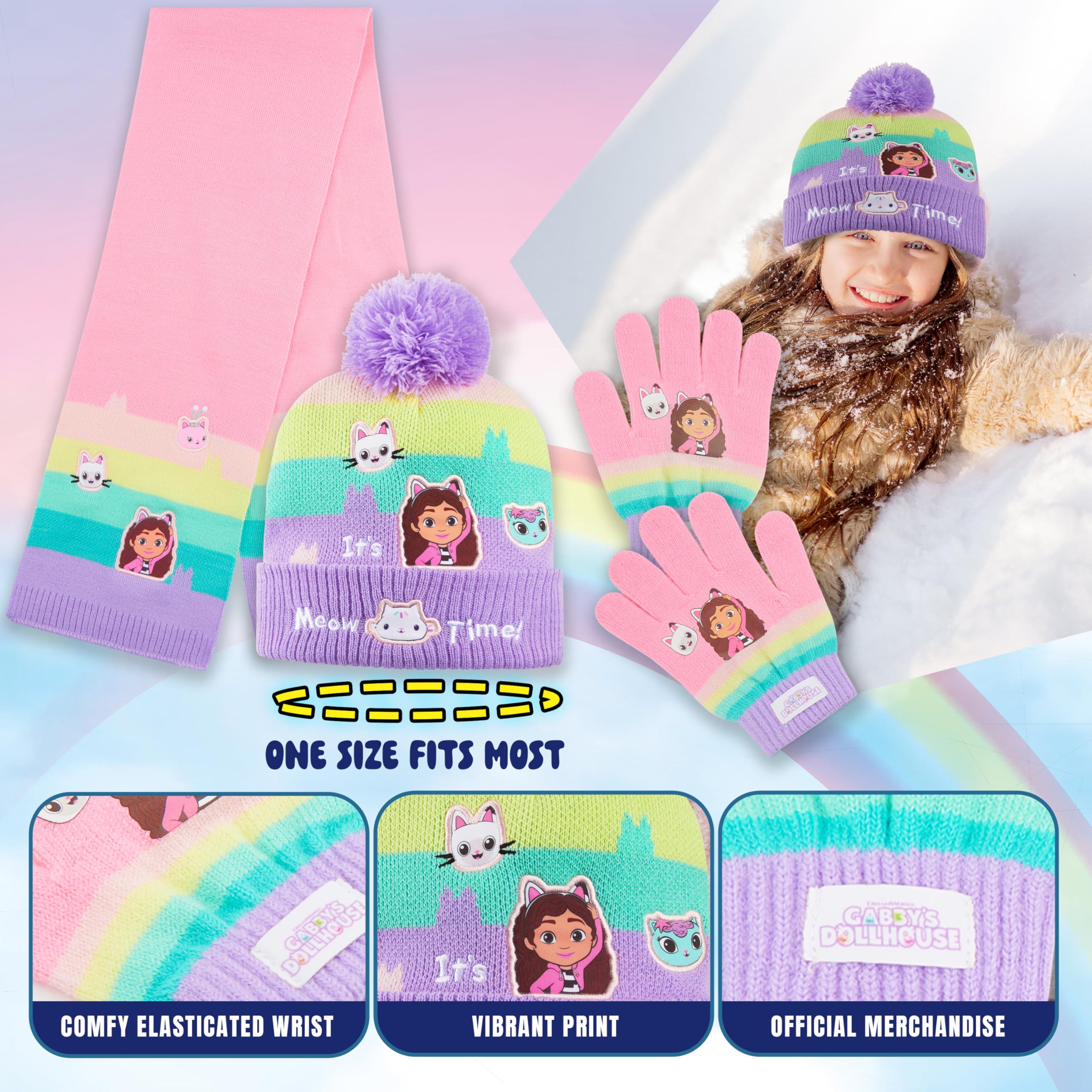 Gabby's Dollhouse Ensemble d'Accessoires d'Hiver Fille, Bonnet, Écharpe et Gants - Cadeau Enfant
