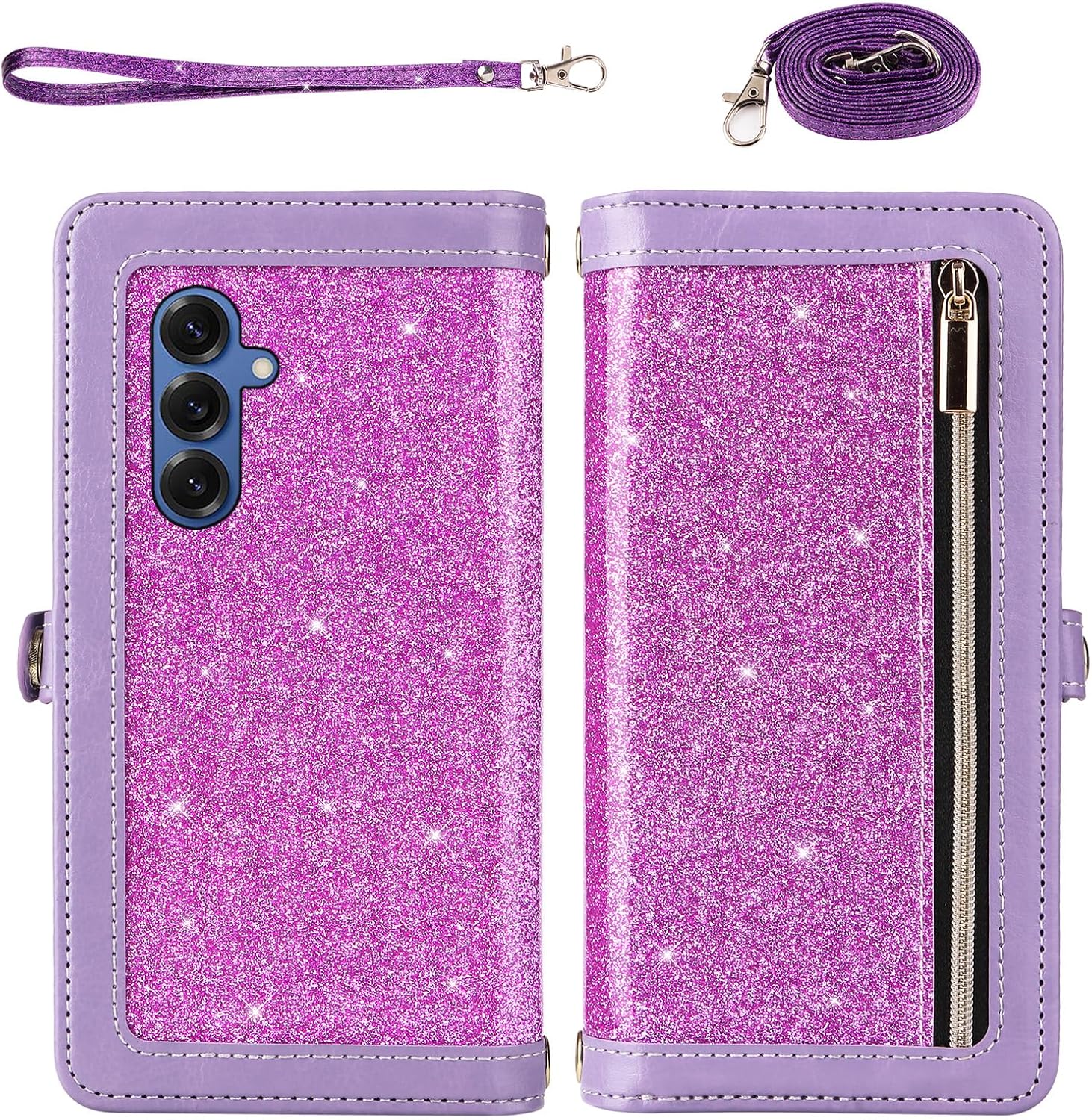 Asuwish Phone Case for Samsung Galaxy S25 5G Zipper Wallet Cell Cover with Screen Protector Crossbody Lanyard Strap Bling Glitter Flip Card Holder Slot S 25 25S 25 25S SM-S931U Women Men Girls Purple