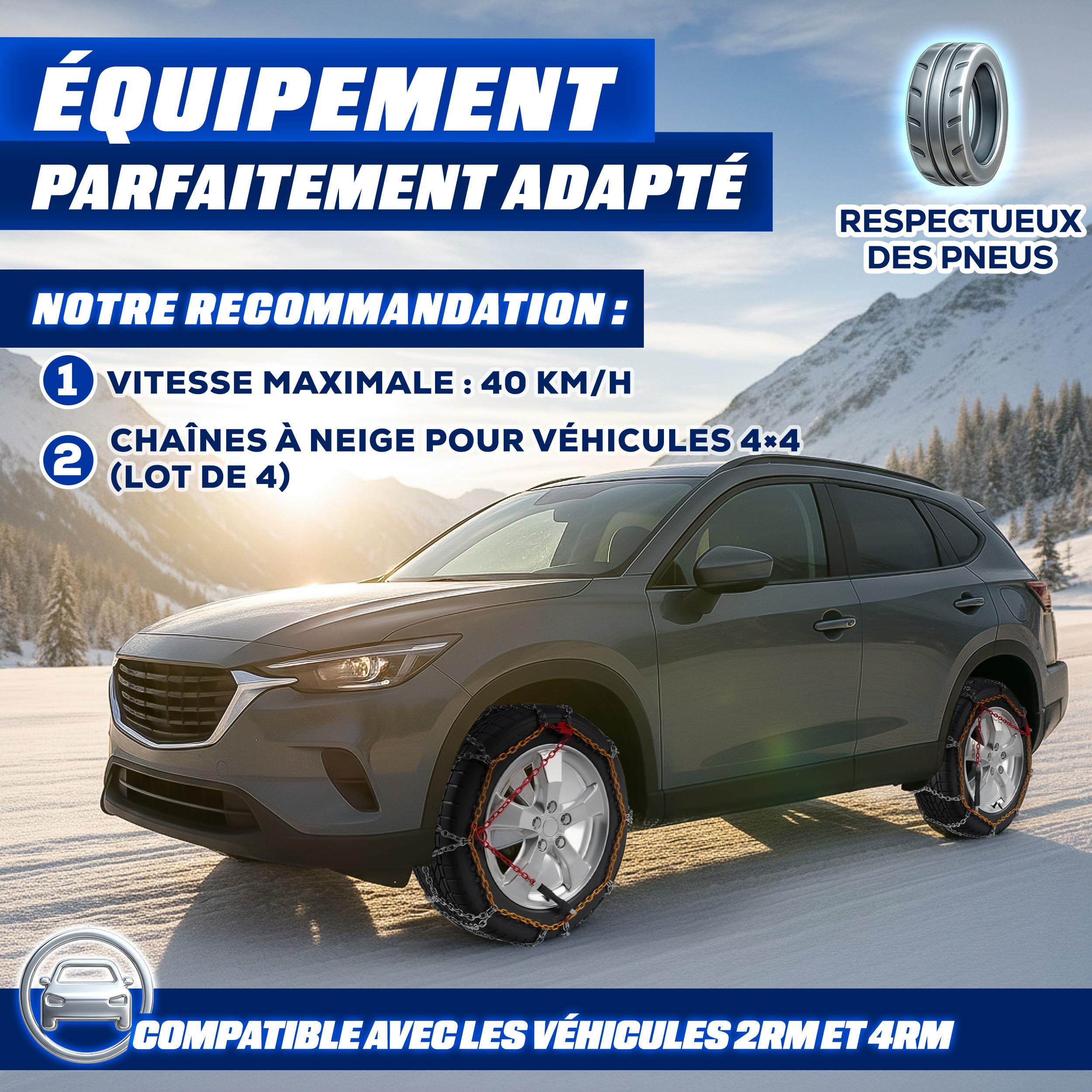 TRESKO® Lot de 2 chaînes à neige pour voiture avec gants et boîte de rangement | Chaînes à neige en métal pour voiture | Chaînes à neige EN 16662-1 & ÖNORM V5117 | Montage rapide | Pour avant, arrière