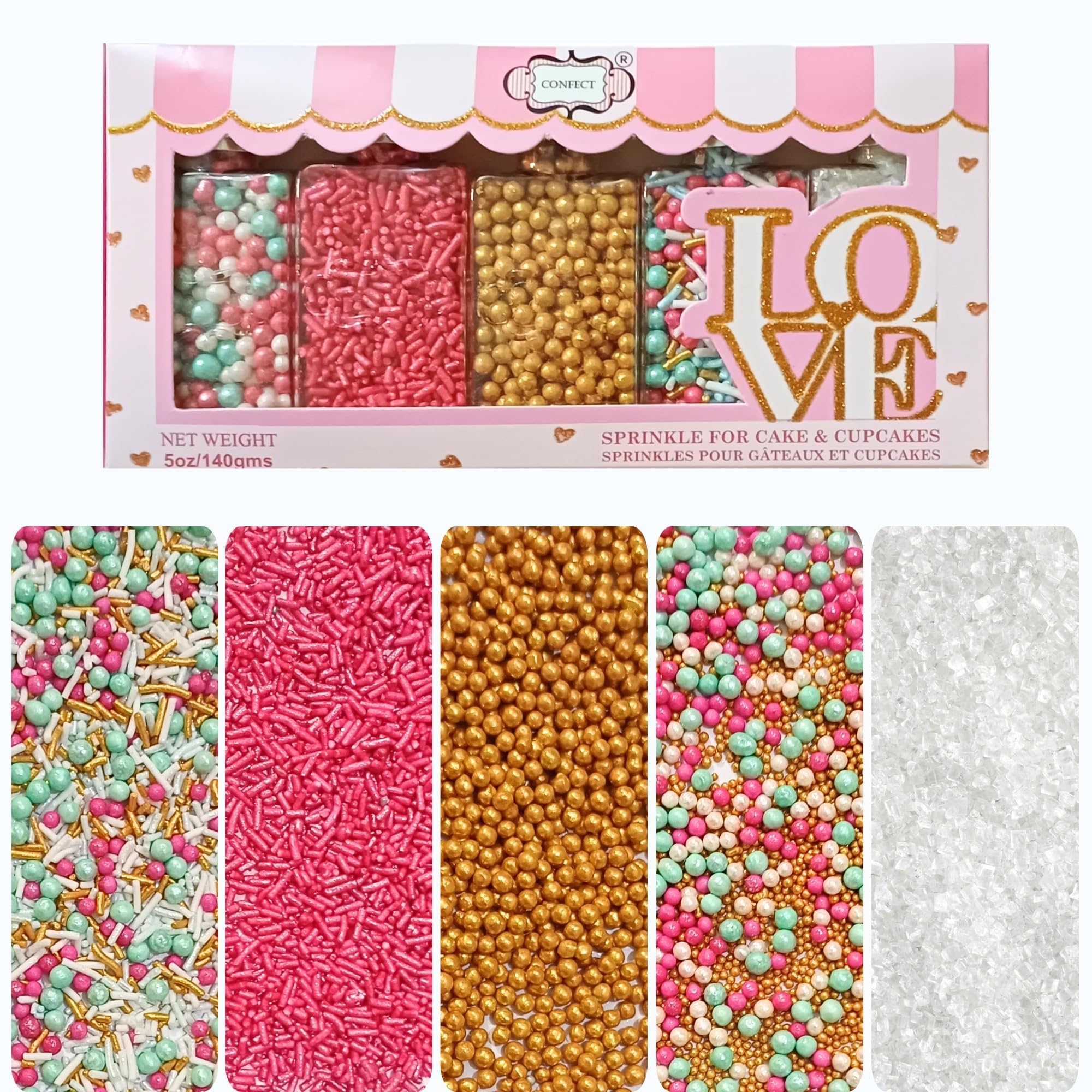 Confect Sprinkles – Princess Party Edible Sprinkles | Mix with Golden Pearl, Blue & White Dragees, , Mint green, White Sparkling Sugar & Pink Jimmies