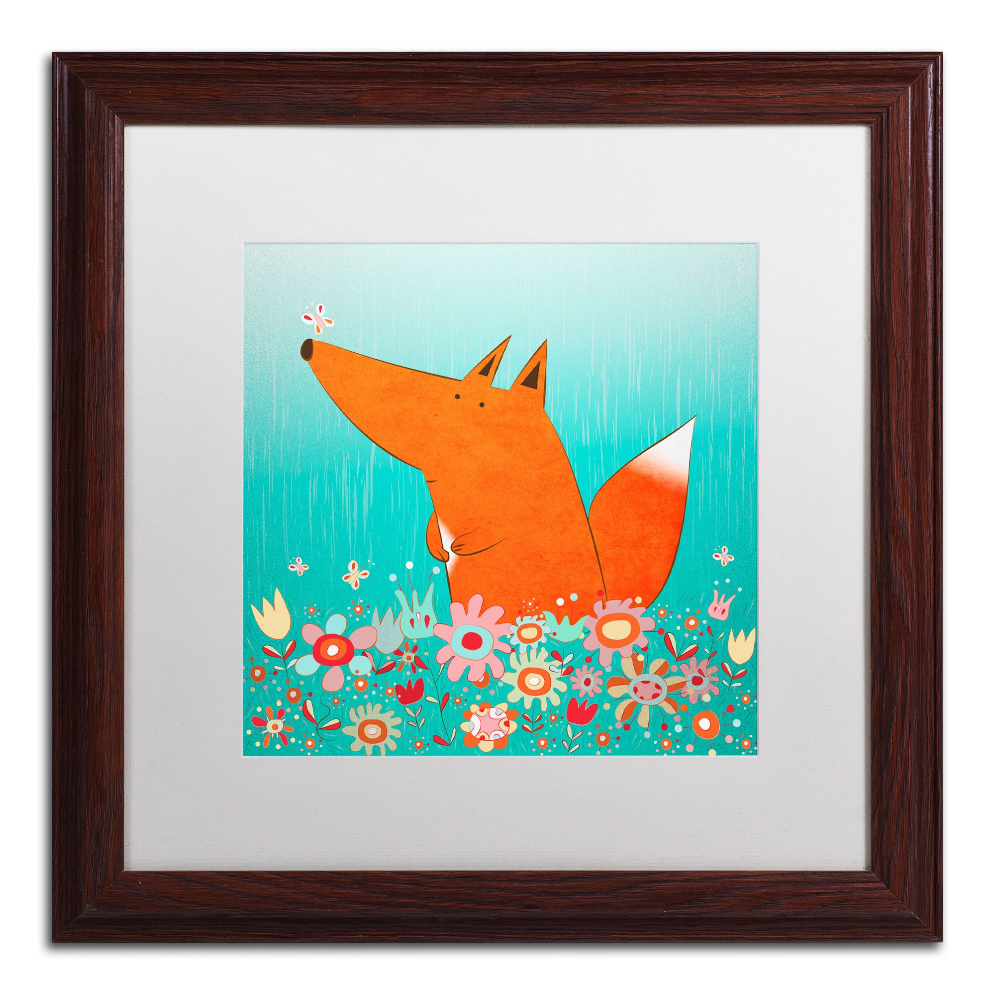 Fox in Flowers White Matte Artwork by Carla Martell, 16 by 16-Inch, Wood Frame