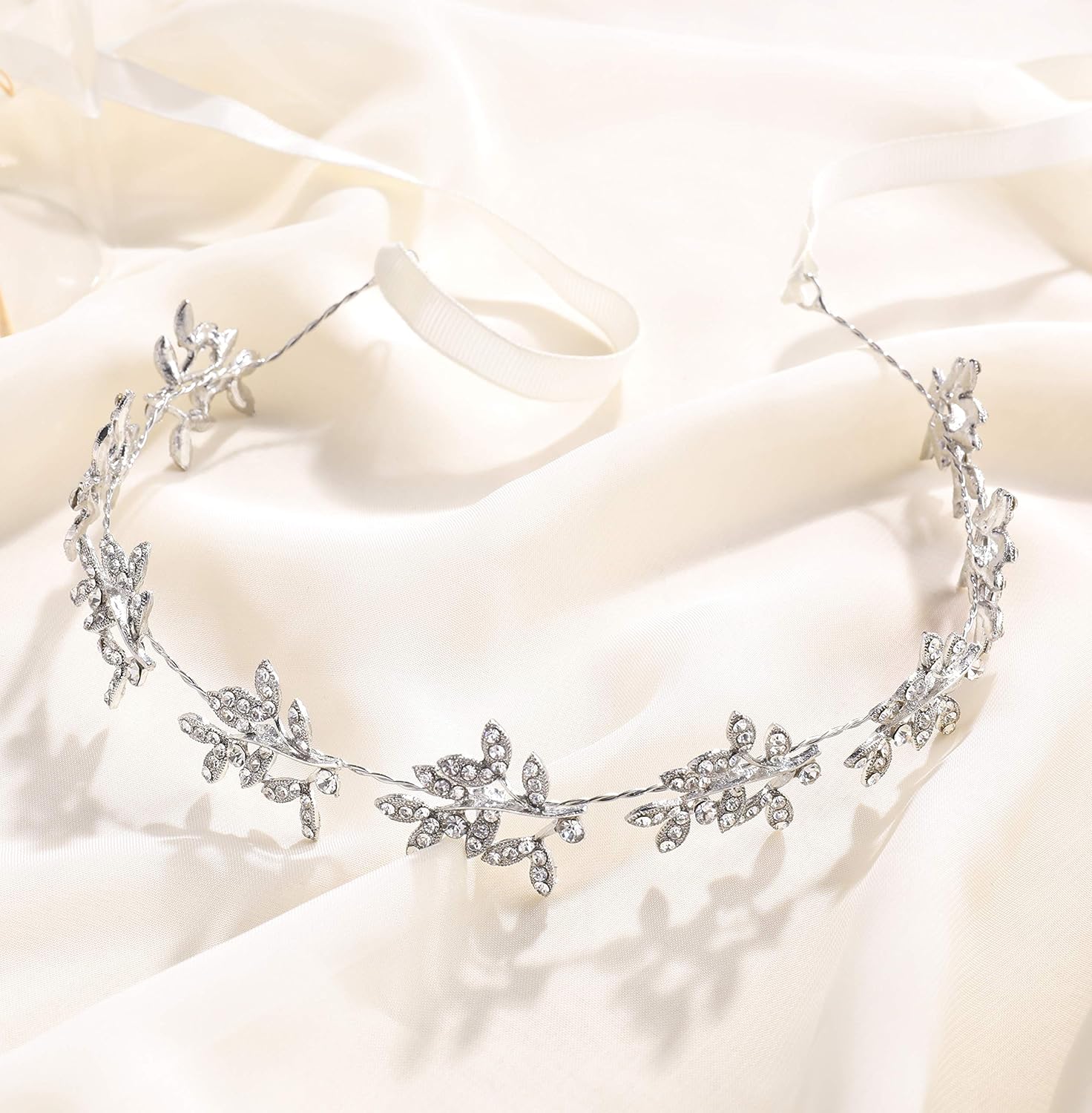 BABEYOND Bridal Headpiece Handmade Wedding Hair Vine Crystal Floral Leaf Headband with Lace Ribbon - Image 4