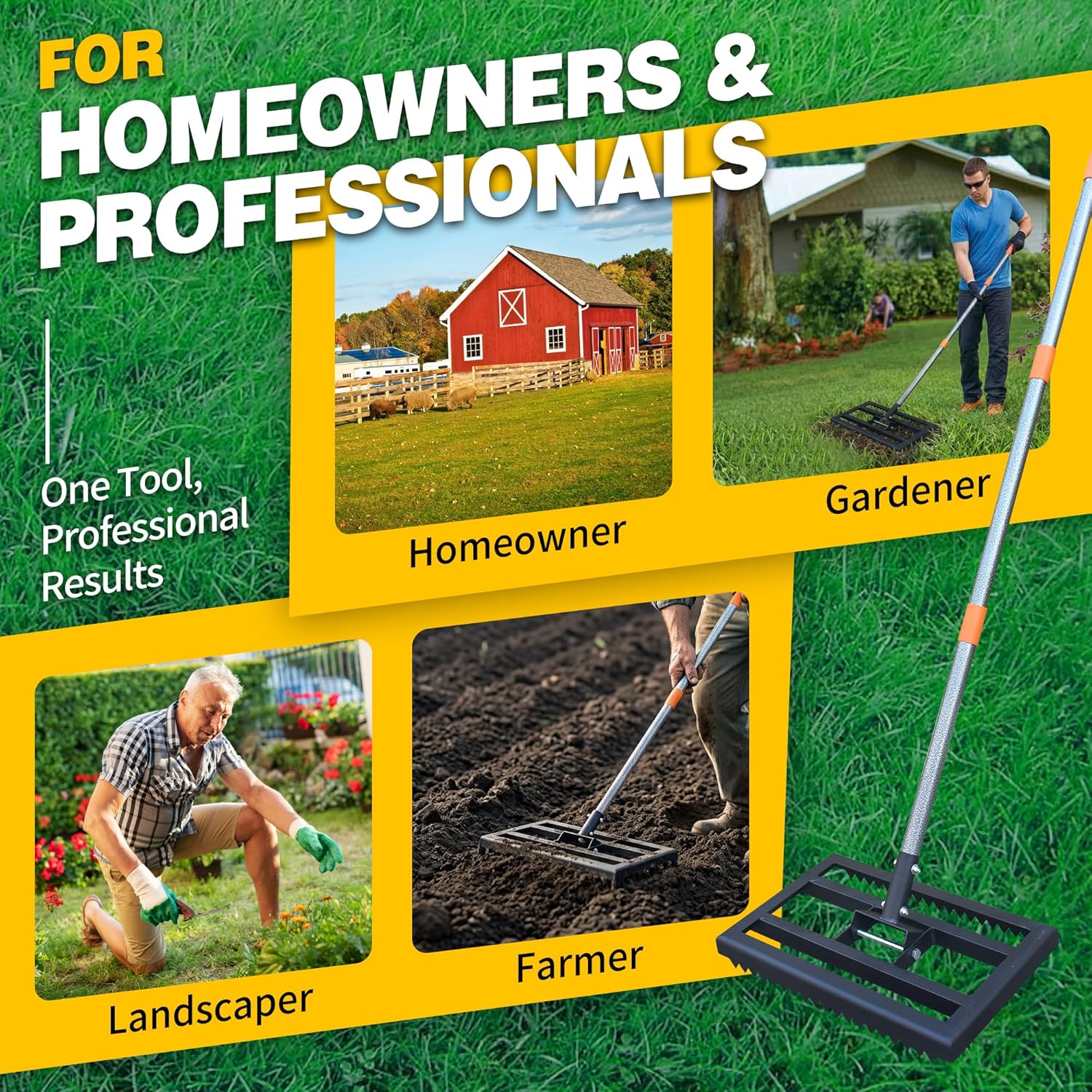 Lawn Leveling Rake 17x10 Inch, 6FT Heavy-Duty Carbon Steel Lawn Leveler – Yard Leveling Rake for Soil, Sand, Grass, Perfect for Lawn Repair, Pit Filling & Garden Maintenance