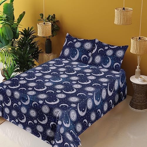 Miniatura 5 de Ambesonne Boho Art Sheet Set, Astrology Inspired Sun and Moon Outer Space Galaxy Night Pattern, Fitted and Flat Sheet with Pillowcases Bedding