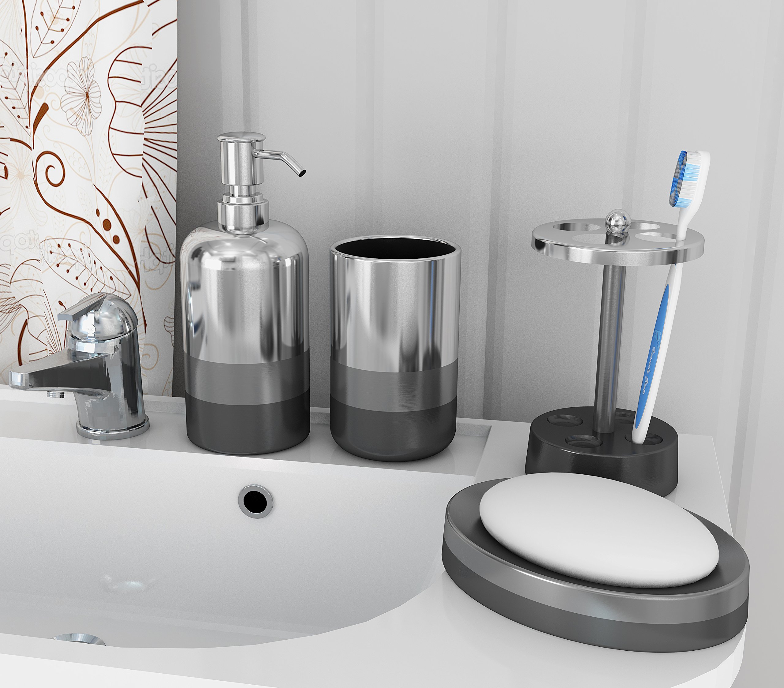 nu steel Triune Set4 Bath Ensembles with Toothbrush Holder, Soap Dish