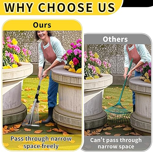 Miniatura 4 de Rastrillo de jardín para hojas, rastrillo de hojas ajustable de metal resistente para césped, mango largo de 33 a 69 pulgadas con cabeza expandible