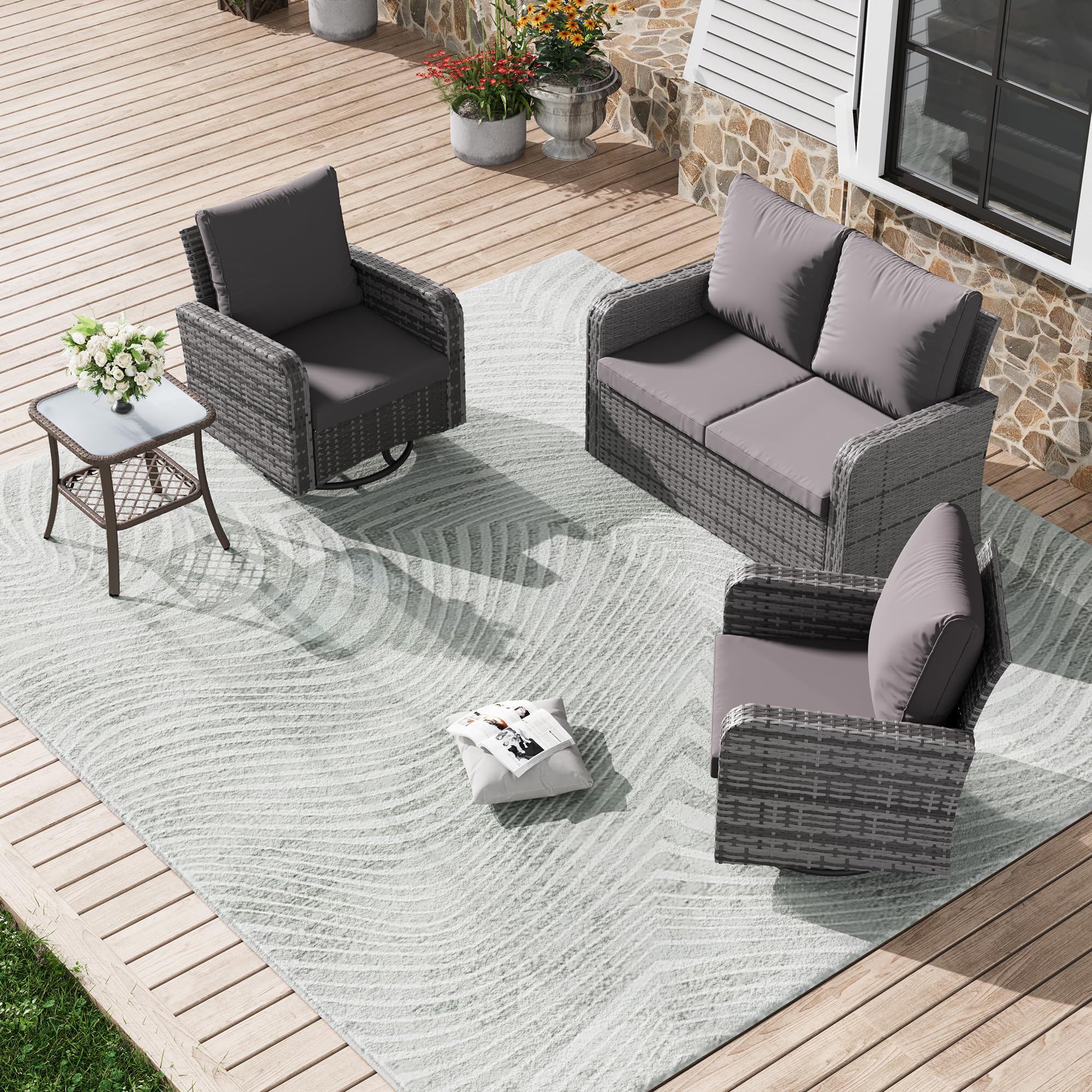 HOMREST 4 Piece Wicker Patio Furniture Set, 360 Degree Outdoor Swivel Patio Chairs w/Coffee Table and Loveseat, Small Patio Furniture Set for Garden,