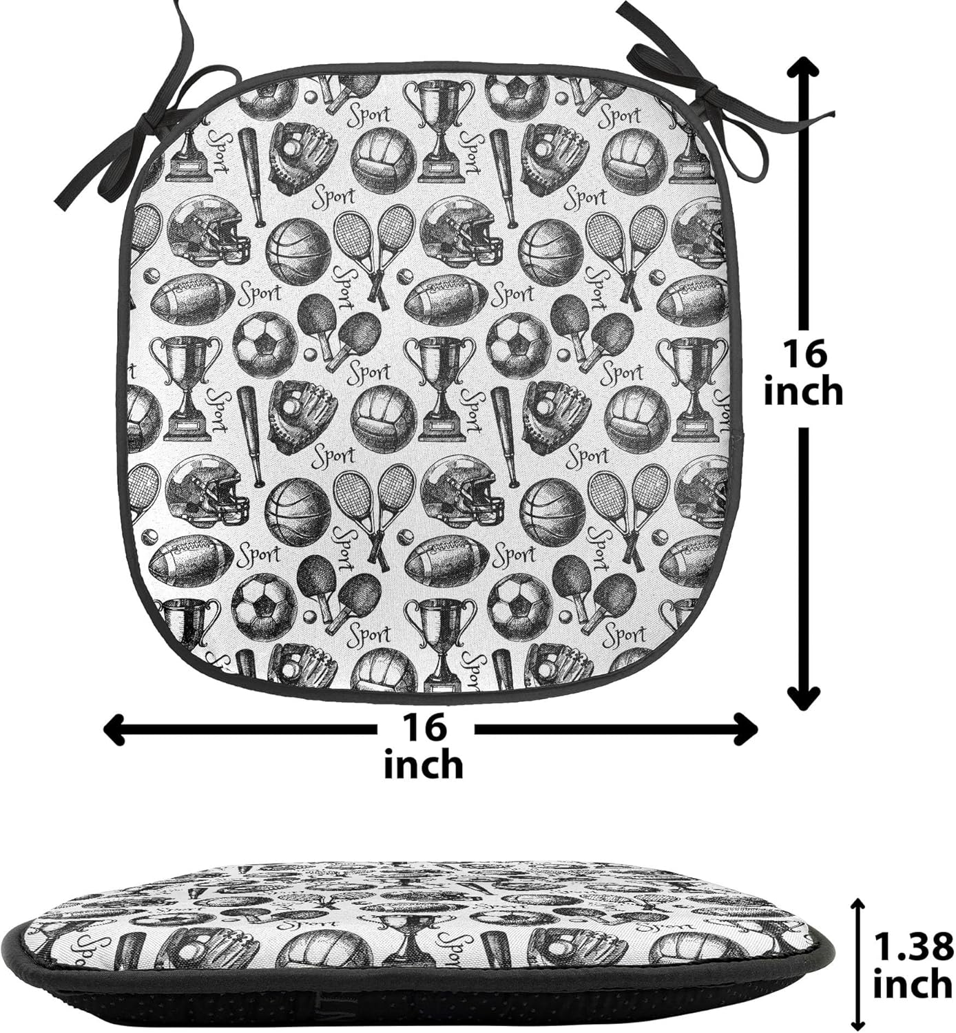 Lunarable Sports Chair Seating Cushion Set of 6, Sketch Art Sport Pattern with Balls Competition Theme Summer Ping Pong Yard, Anti-Slip Seat Padding for Kitchen & Patio, 16"x16", Black White