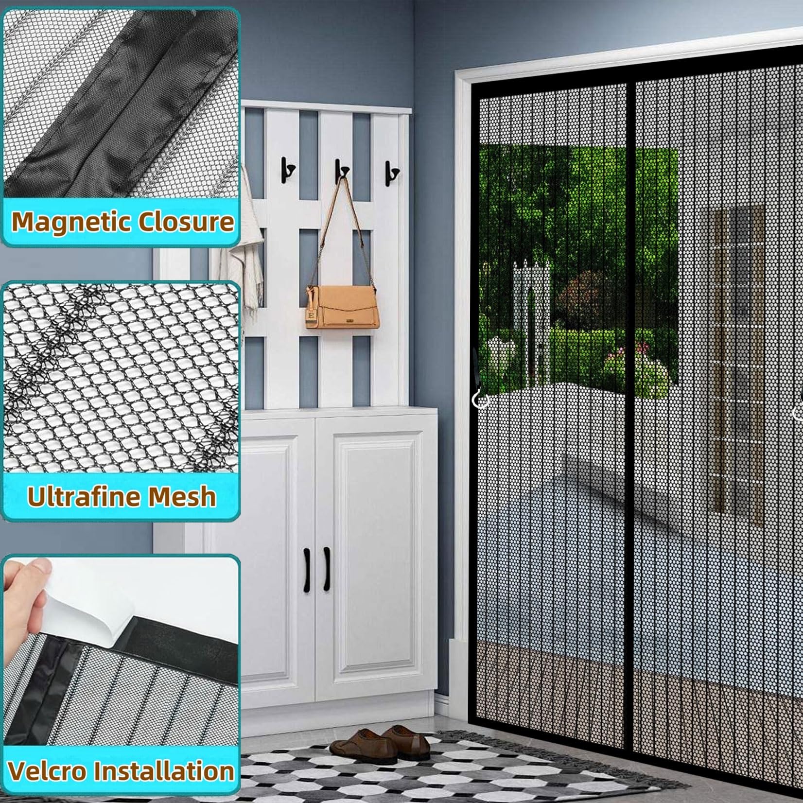 Magnet Fliegengitter Balkontür 262 x 288 cm Extra Starke Magnete Magnet-Verschluss Insektenschutz Fliegenvorhang mit Selbstklebendes Klettband für Balkontür/Terrassentür, Schwarz
