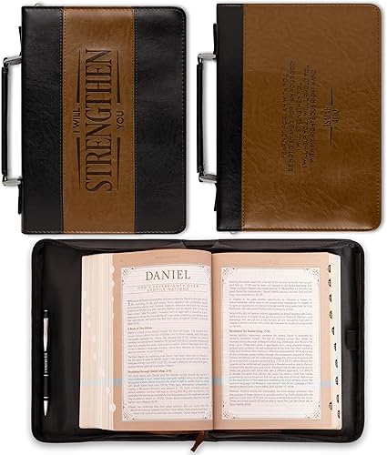 Miniatura 1 de Christian Art Gifts Funda clásica para la Biblia para hombre I Will Strengthen You Isaías 4110, piel sintética negromarrón, talla L