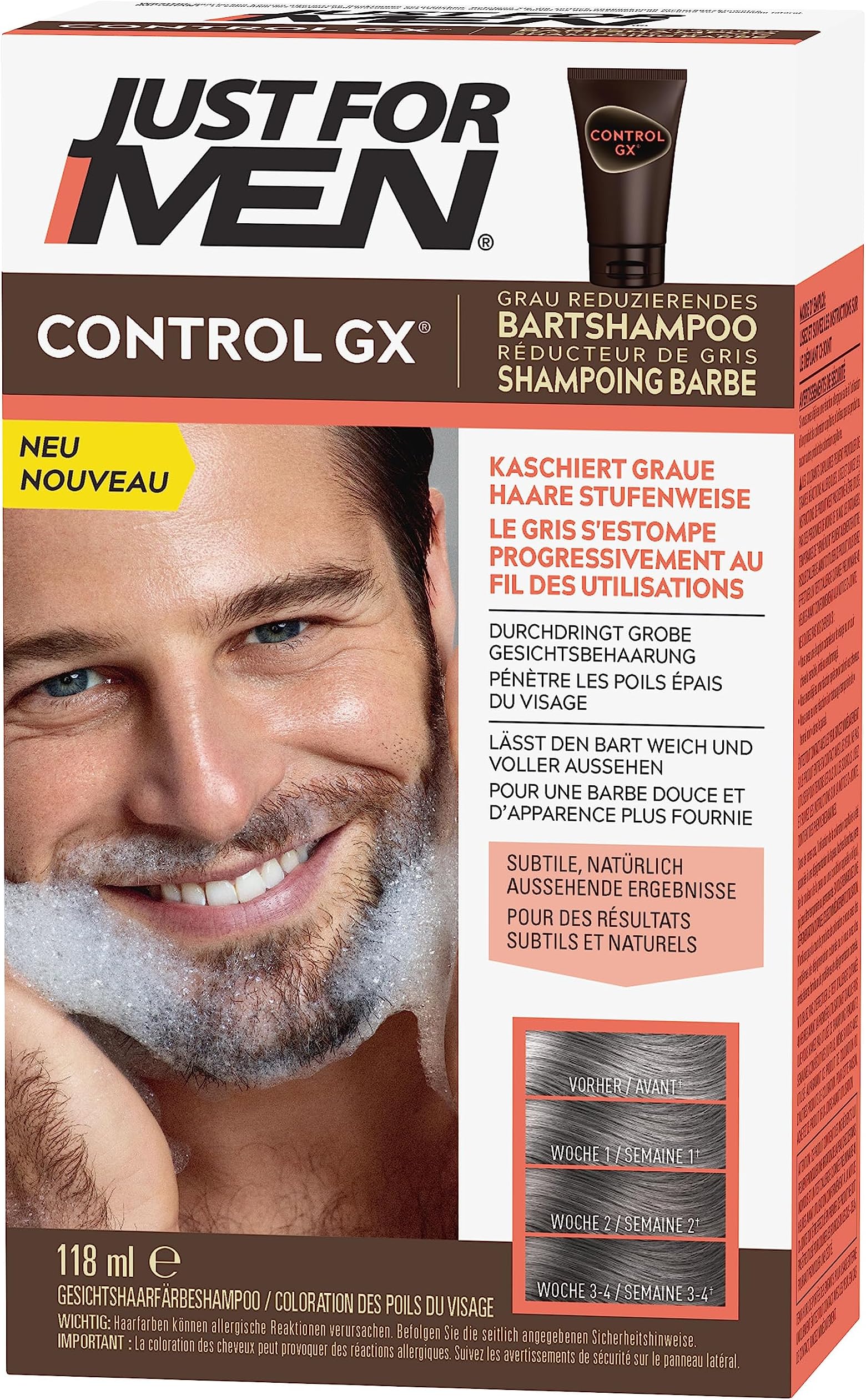 Just For Men Control GX Beard Wash, Moustache & Beard Dye, Beard Colour, Tint, Beard Colour, Reduces with Every Wash, White Beard Hair, Natural Results - All Beard Colours, 118 ml