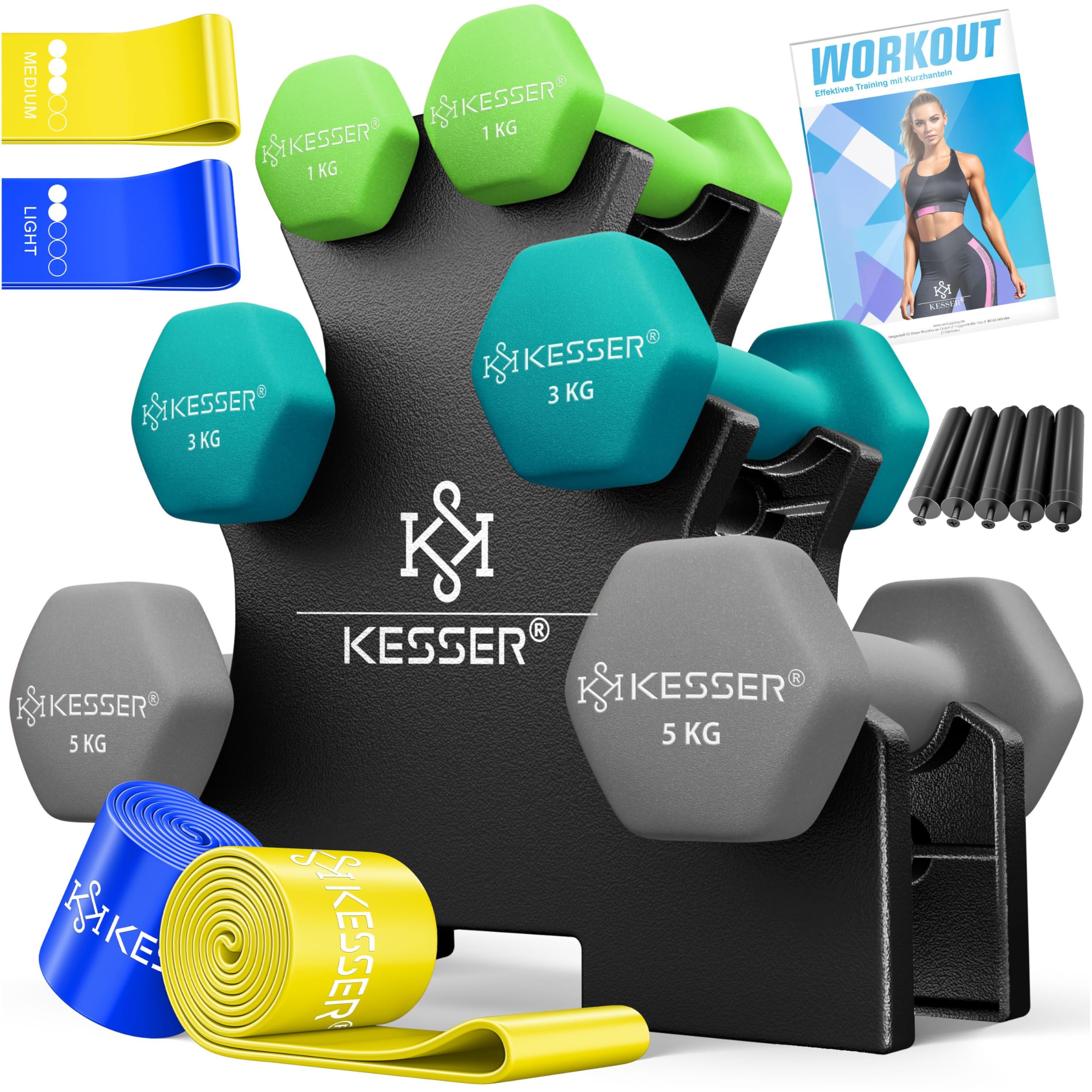 KESSER® Hantel-Set, 3 Paar, 1kg - 5kg, 12kg oder 18kg kurzhanteln mit Ständer Aufbewahrung, Fitnessstudio, Krafttraining, Hantelset rutschfeste Neopren,